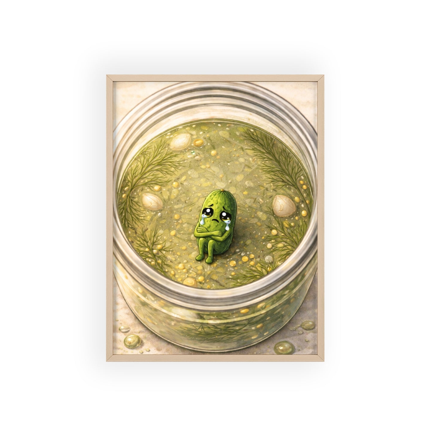 Whimsical Pickle in Jar Art Print — Framed Poster for Kitchens & Gift-Giving