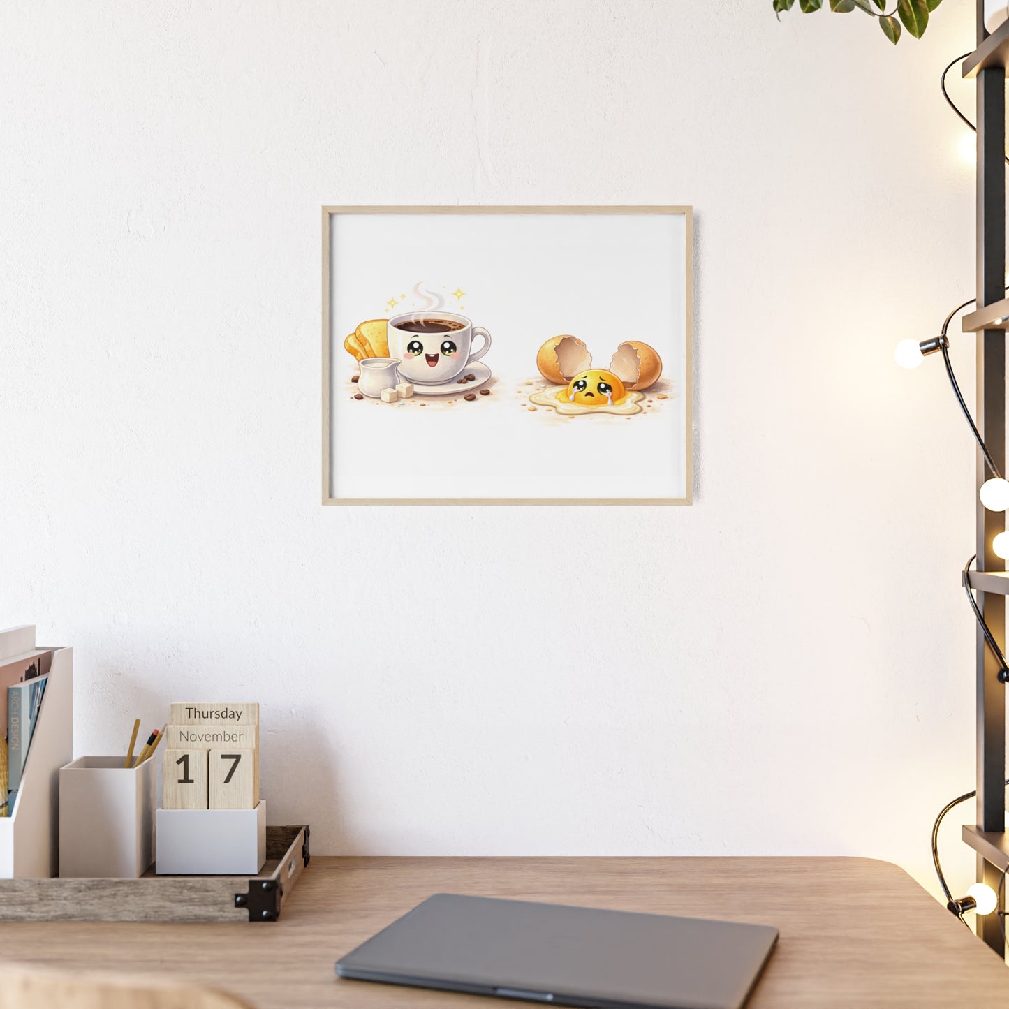 Cute Coffee & Sad Egg Framed Poster — Kitchen Wall Art
