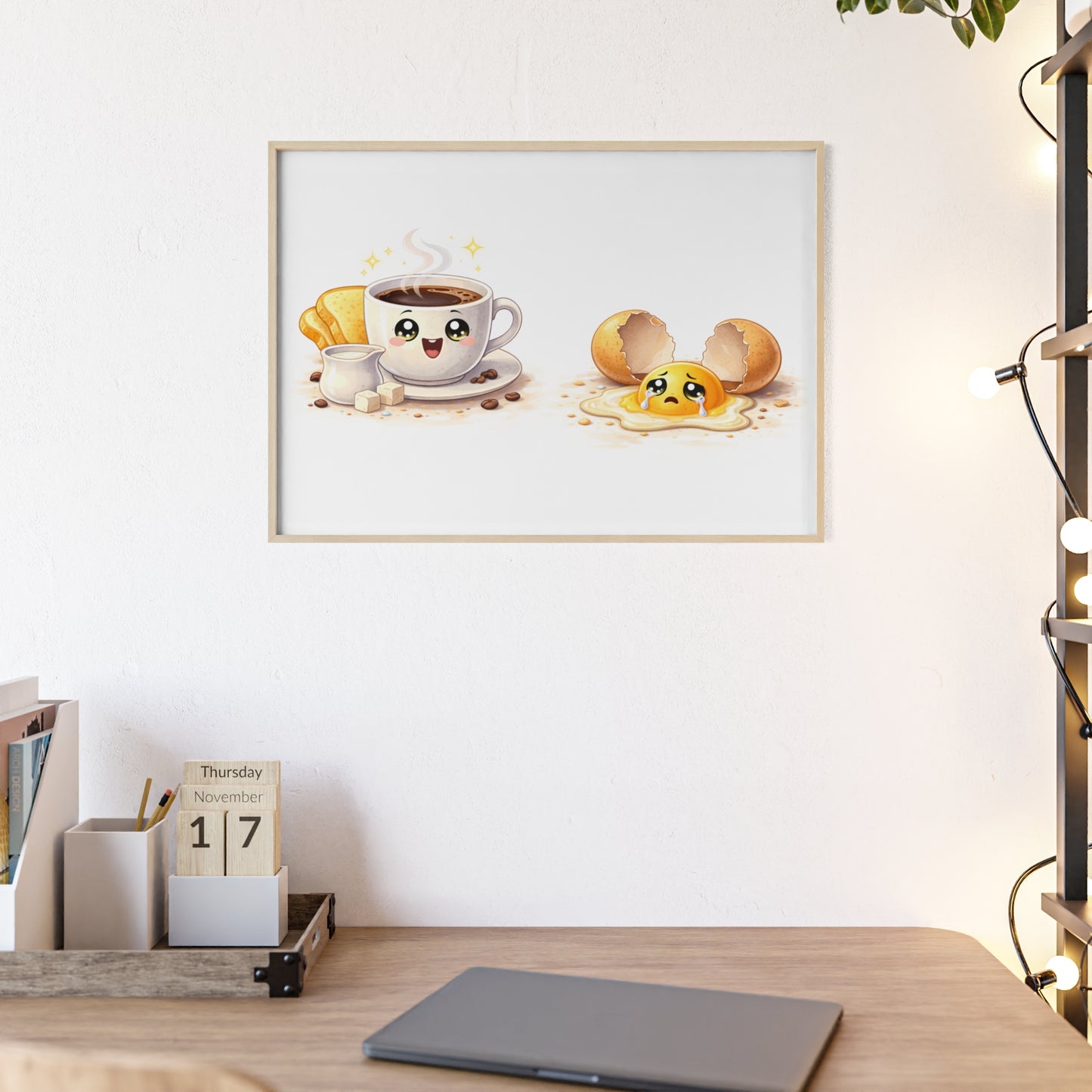 Cute Coffee & Sad Egg Framed Poster — Kitchen Wall Art