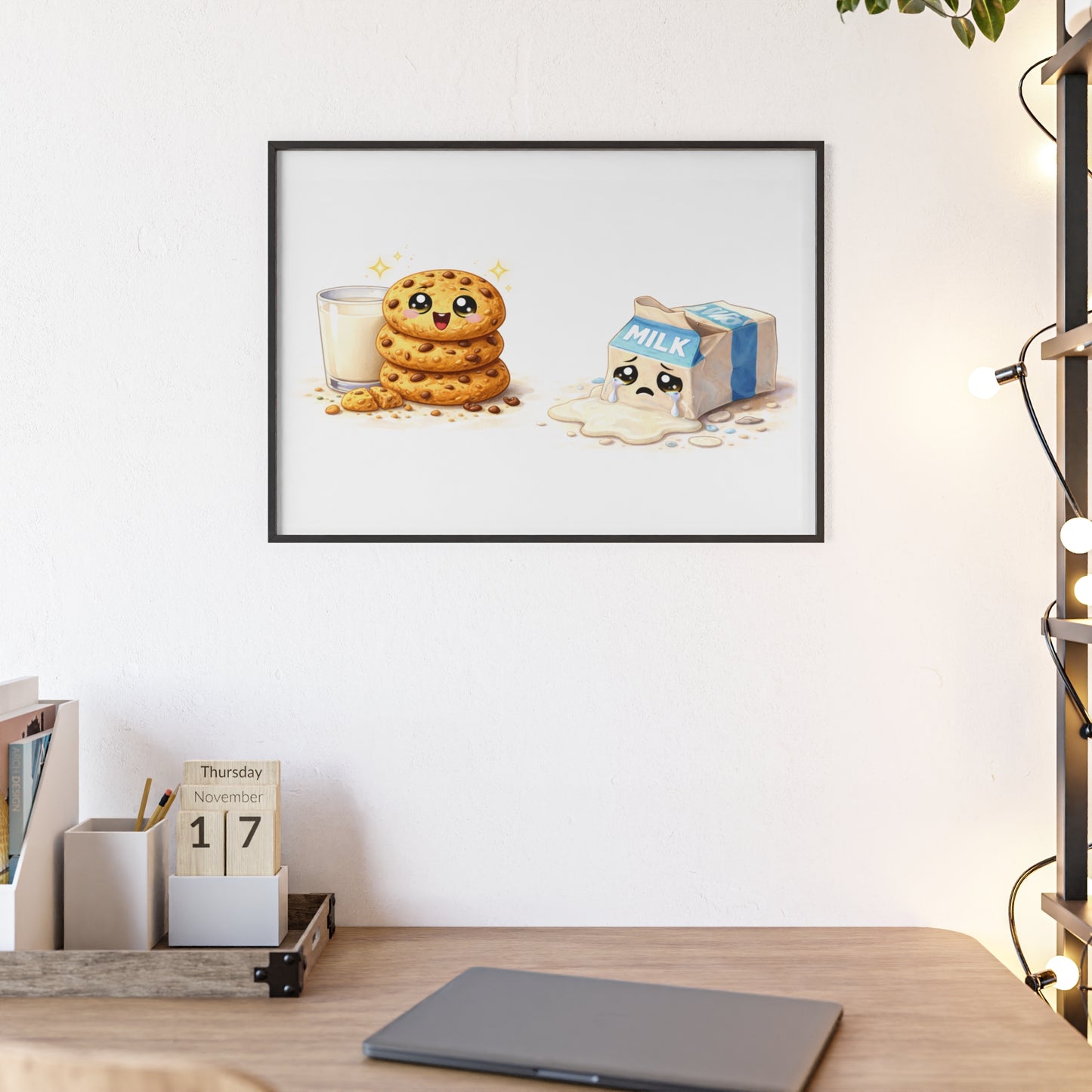 Cute Kawaii Cookies & Milk Poster with Frame — Whimsical Kitchen Wall Art