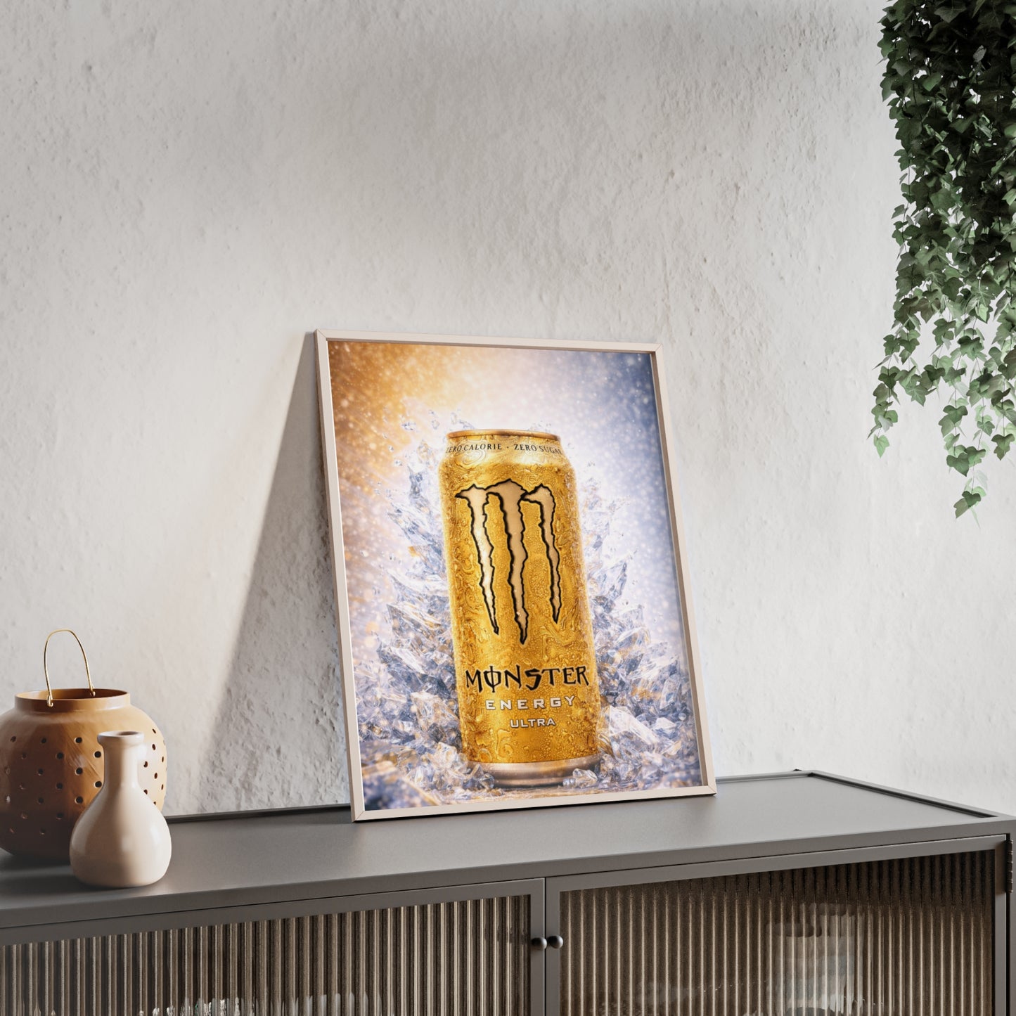 MONSTER Gold Energy Drink Poster Framed — Wall Art
