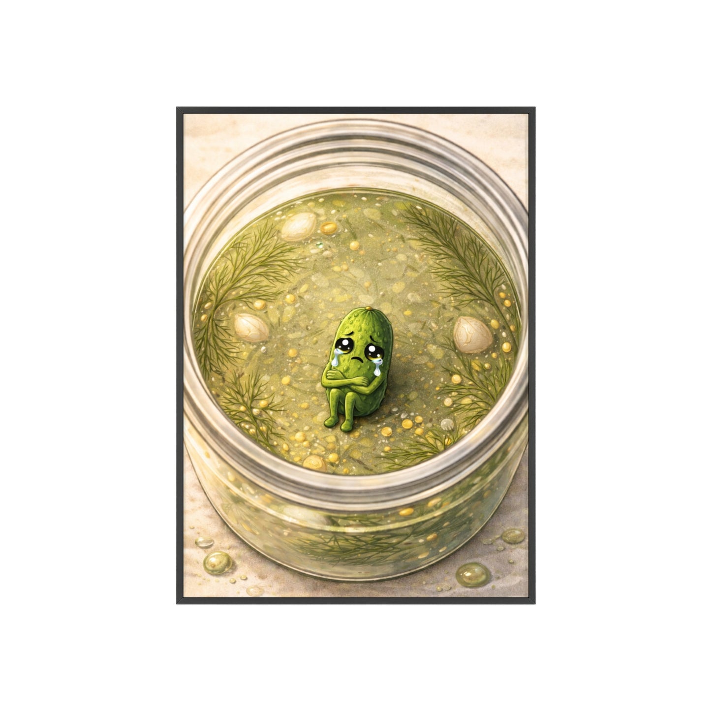 Whimsical Pickle in Jar Art Print — Framed Poster for Kitchens & Gift-Giving