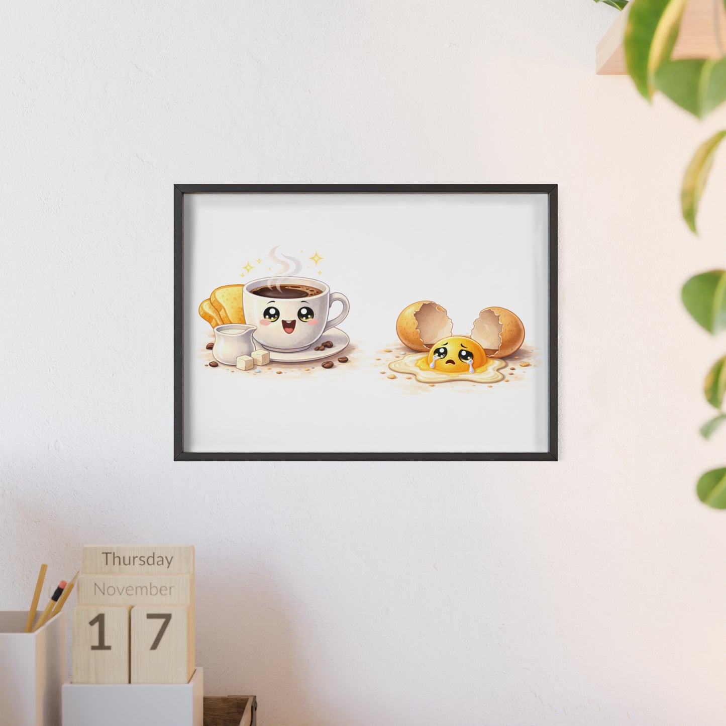 Cute Coffee & Sad Egg Framed Poster — Kitchen Wall Art