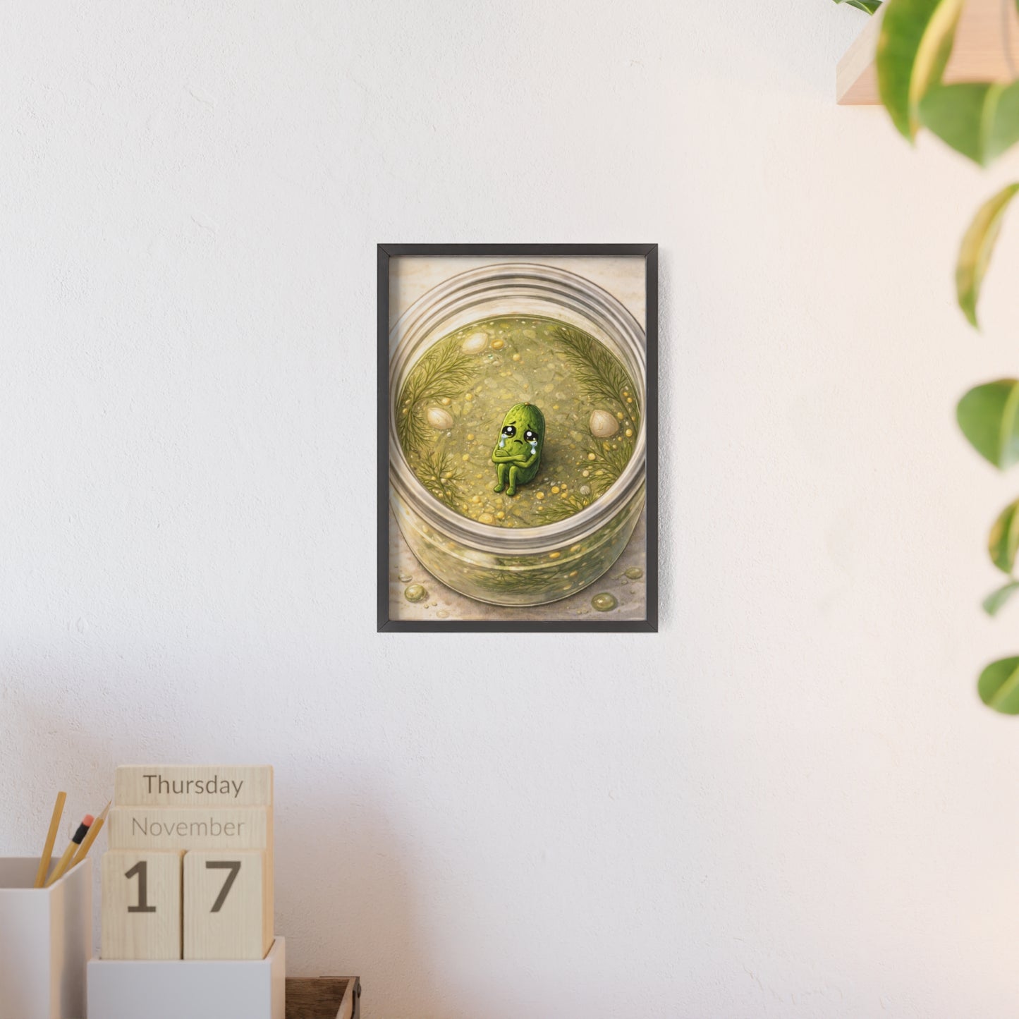 Whimsical Pickle in Jar Art Print — Framed Poster for Kitchens & Gift-Giving