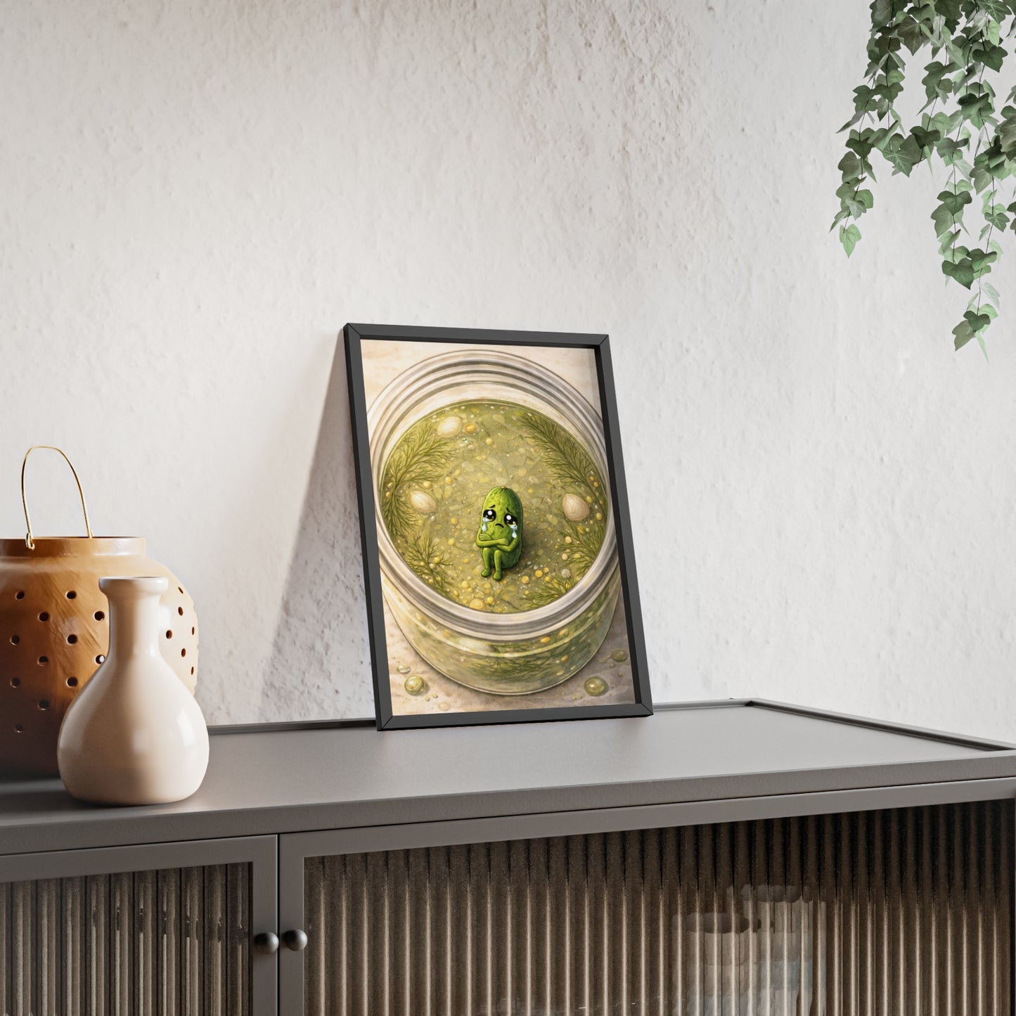Whimsical Pickle in Jar Art Print — Framed Poster for Kitchens & Gift-Giving