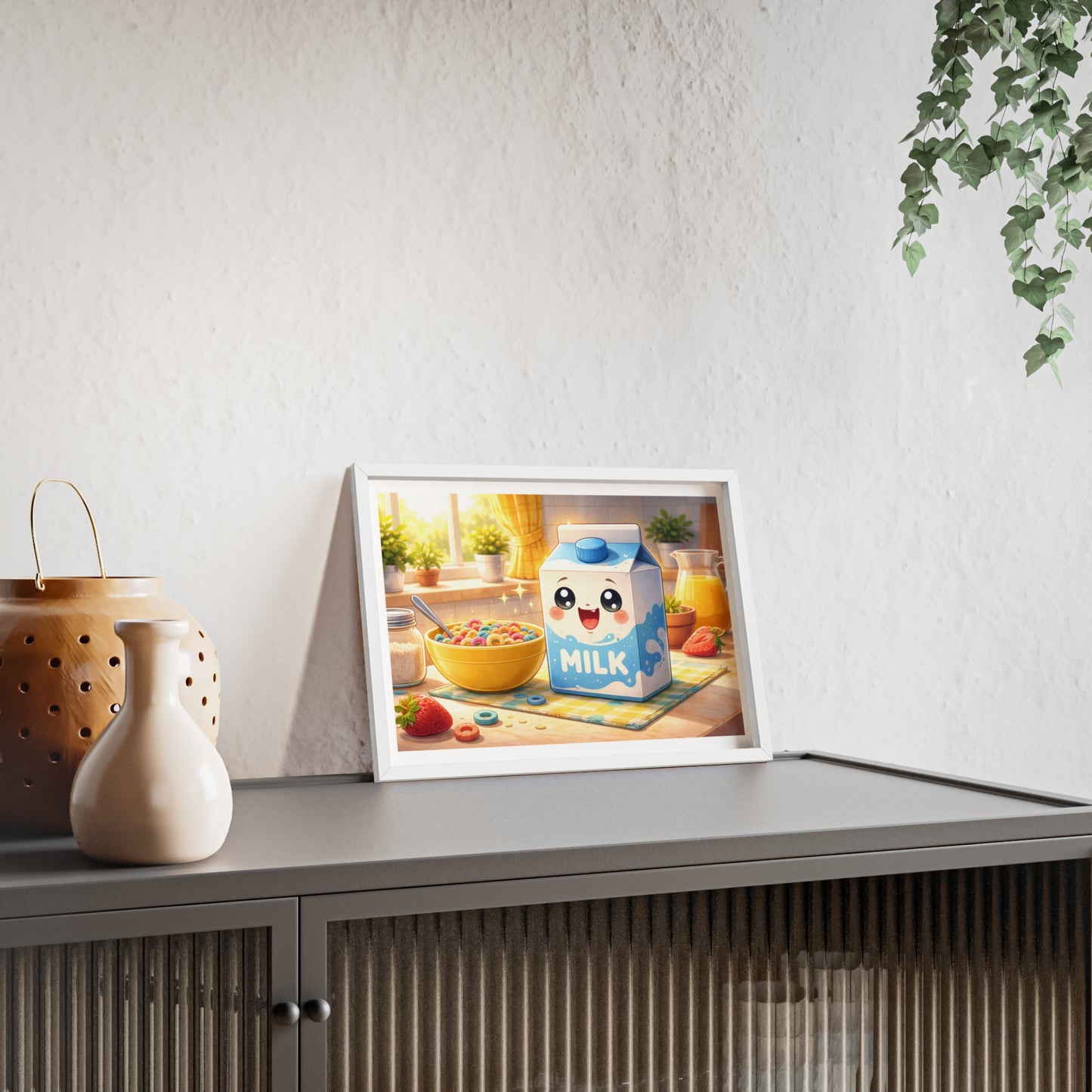 Cute Kawaii Milk Carton Poster (Framed) — Breakfast Nursery Wall Art