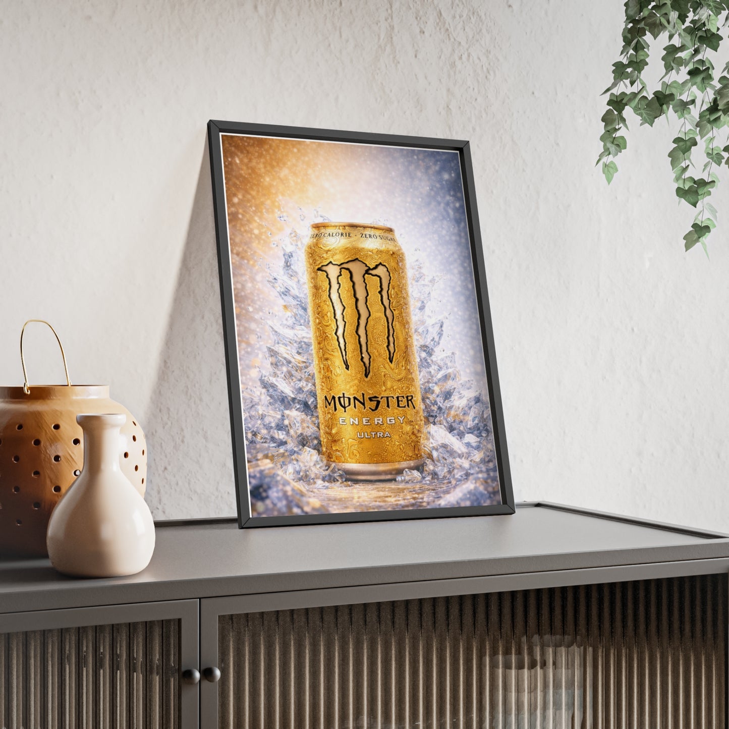 MONSTER Gold Energy Drink Poster Framed — Wall Art