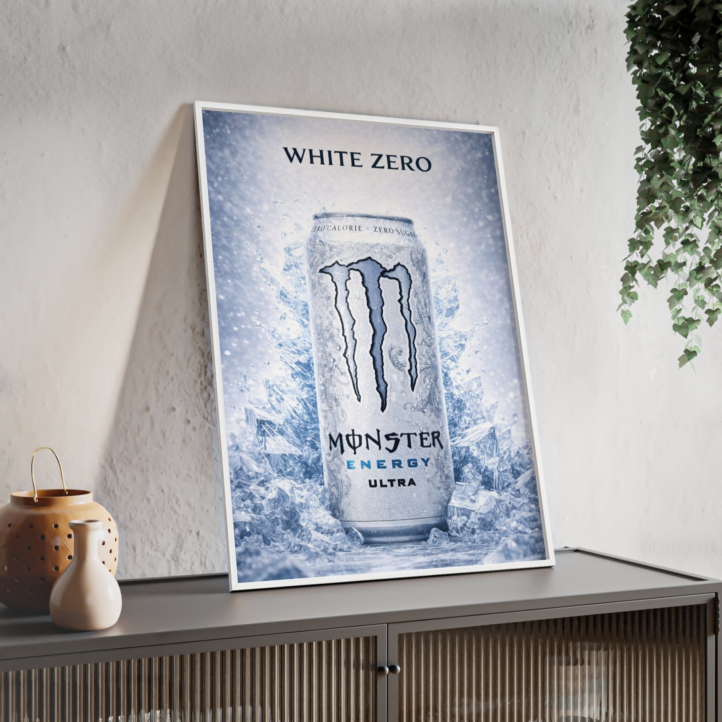 MONSTER White Energy Drink Poster Framed —  Wall Art