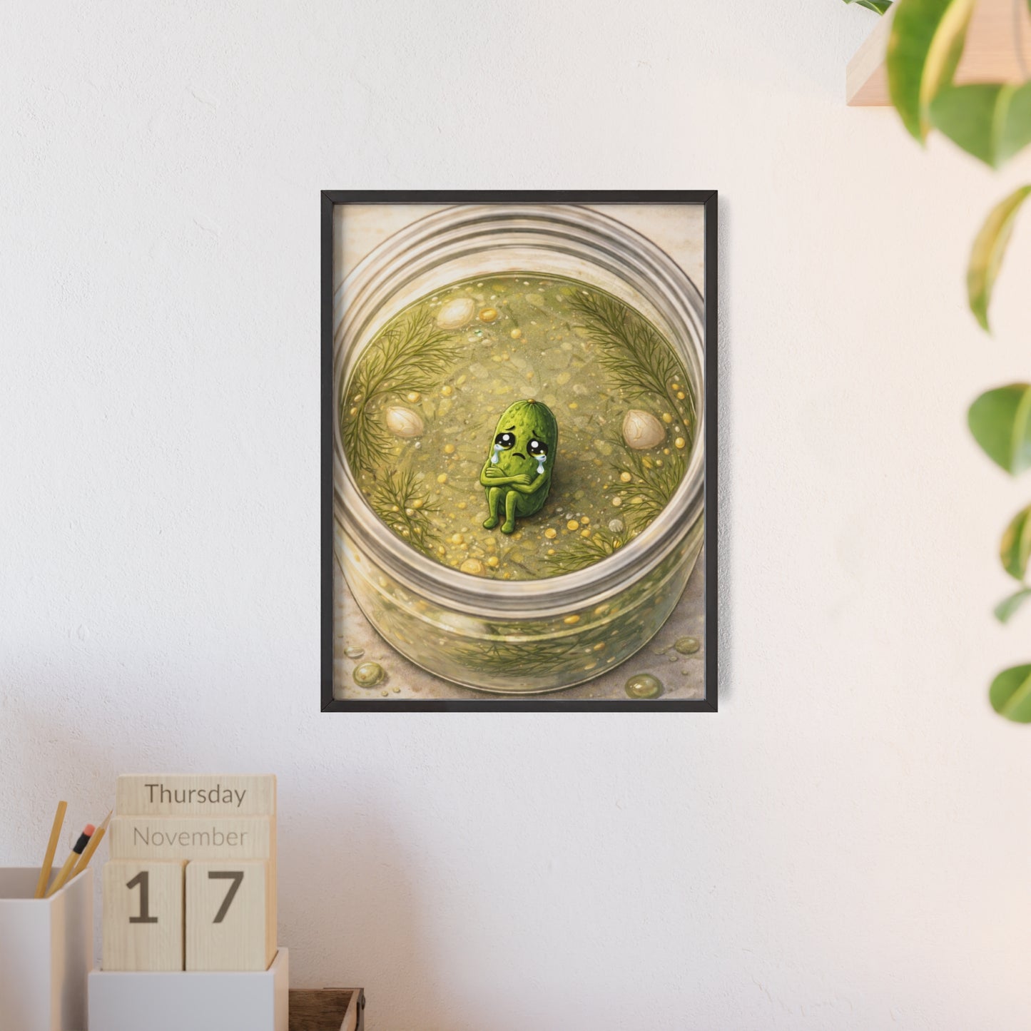Whimsical Pickle in Jar Art Print — Framed Poster for Kitchens & Gift-Giving