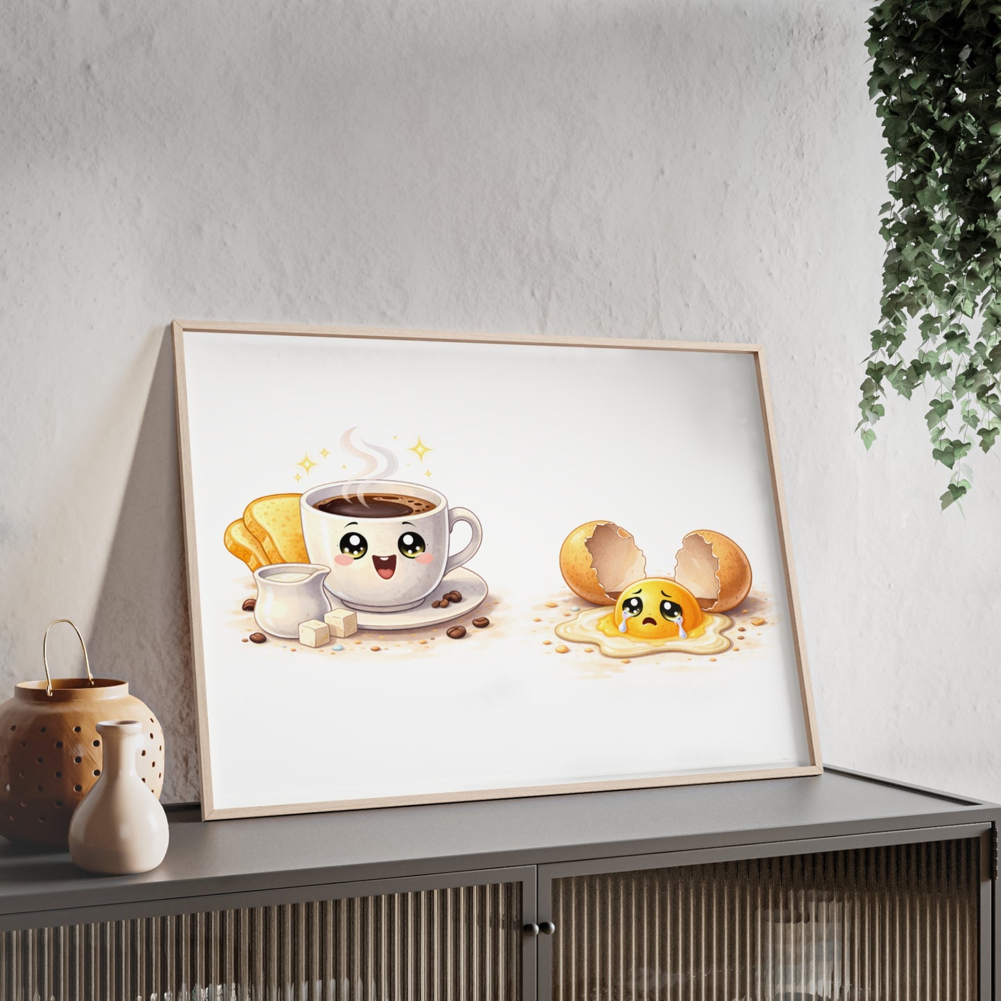 Cute Coffee & Sad Egg Framed Poster — Kitchen Wall Art