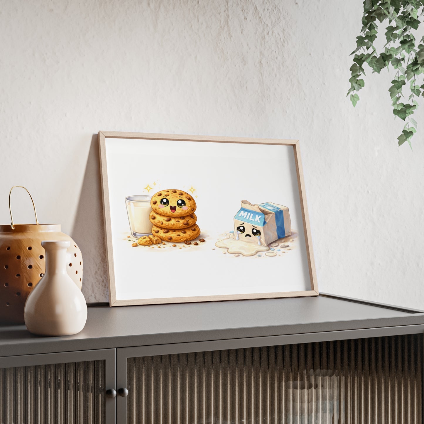 Cute Kawaii Cookies & Milk Poster with Frame — Whimsical Kitchen Wall Art