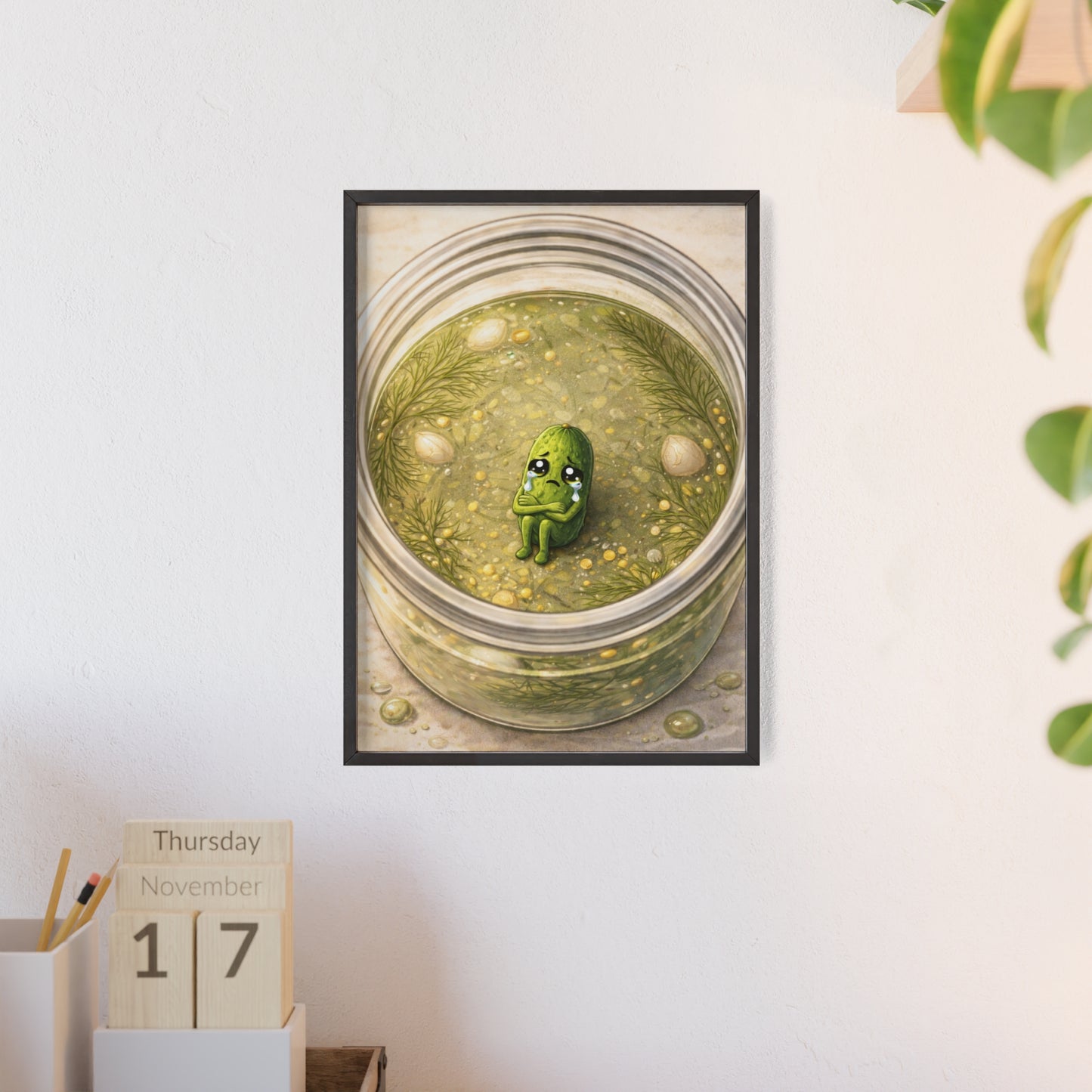 Whimsical Pickle in Jar Art Print — Framed Poster for Kitchens & Gift-Giving