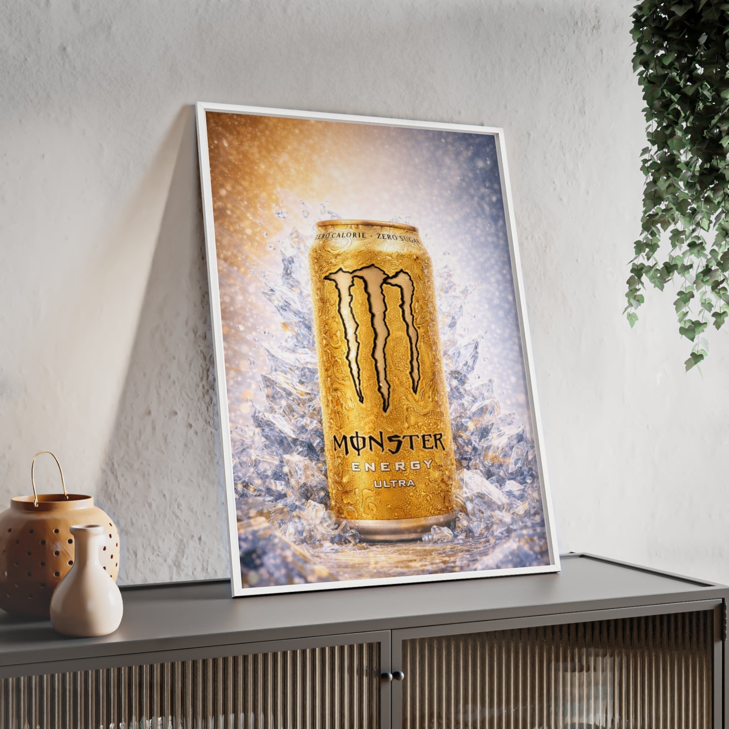MONSTER Gold Energy Drink Poster Framed — Wall Art