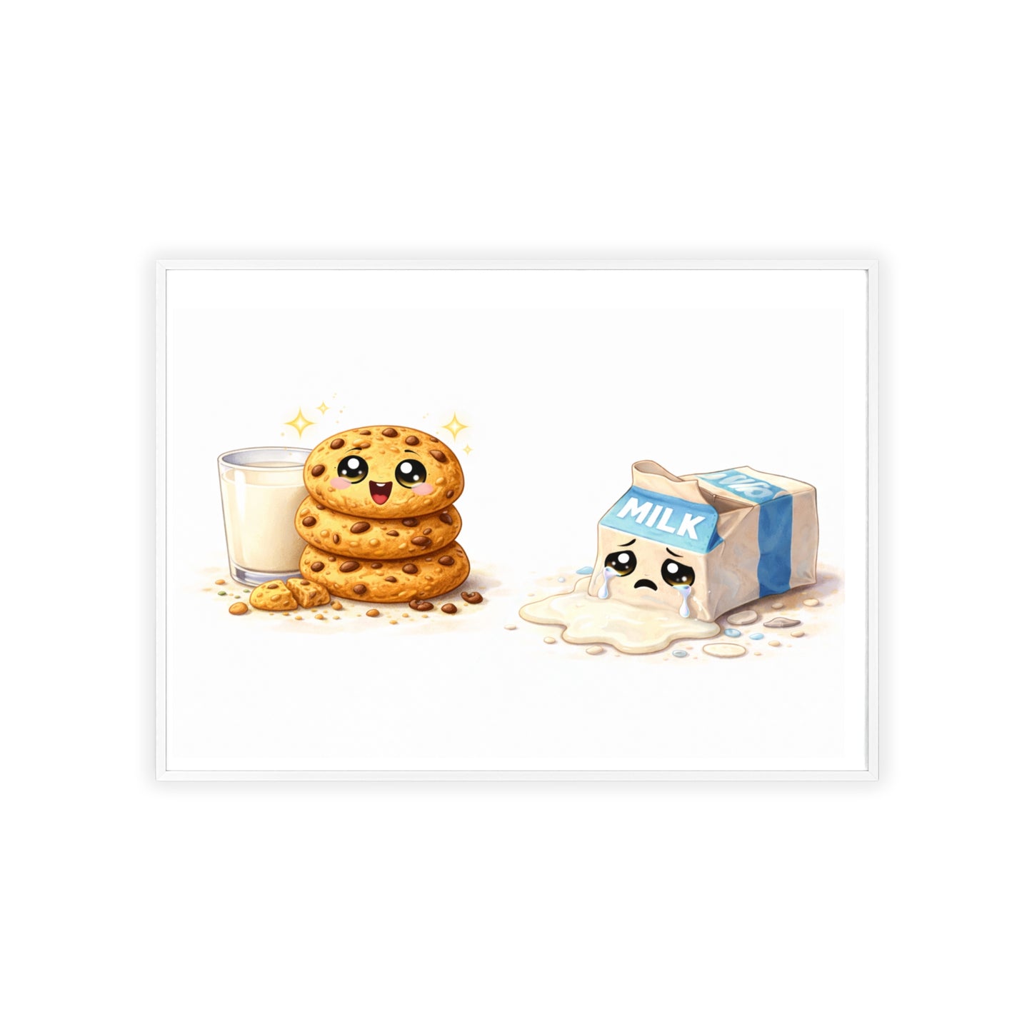 Cute Kawaii Cookies & Milk Poster with Frame — Whimsical Kitchen Wall Art
