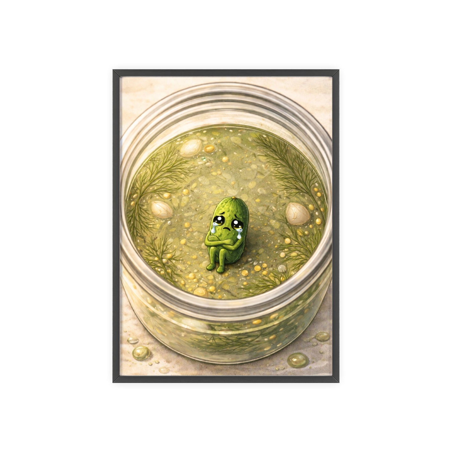 Whimsical Pickle in Jar Art Print — Framed Poster for Kitchens & Gift-Giving