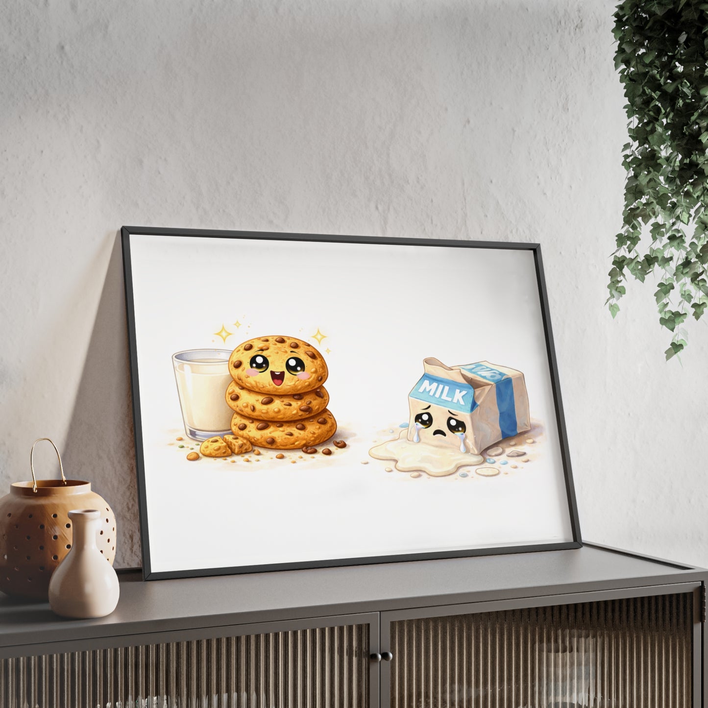 Cute Kawaii Cookies & Milk Poster with Frame — Whimsical Kitchen Wall Art
