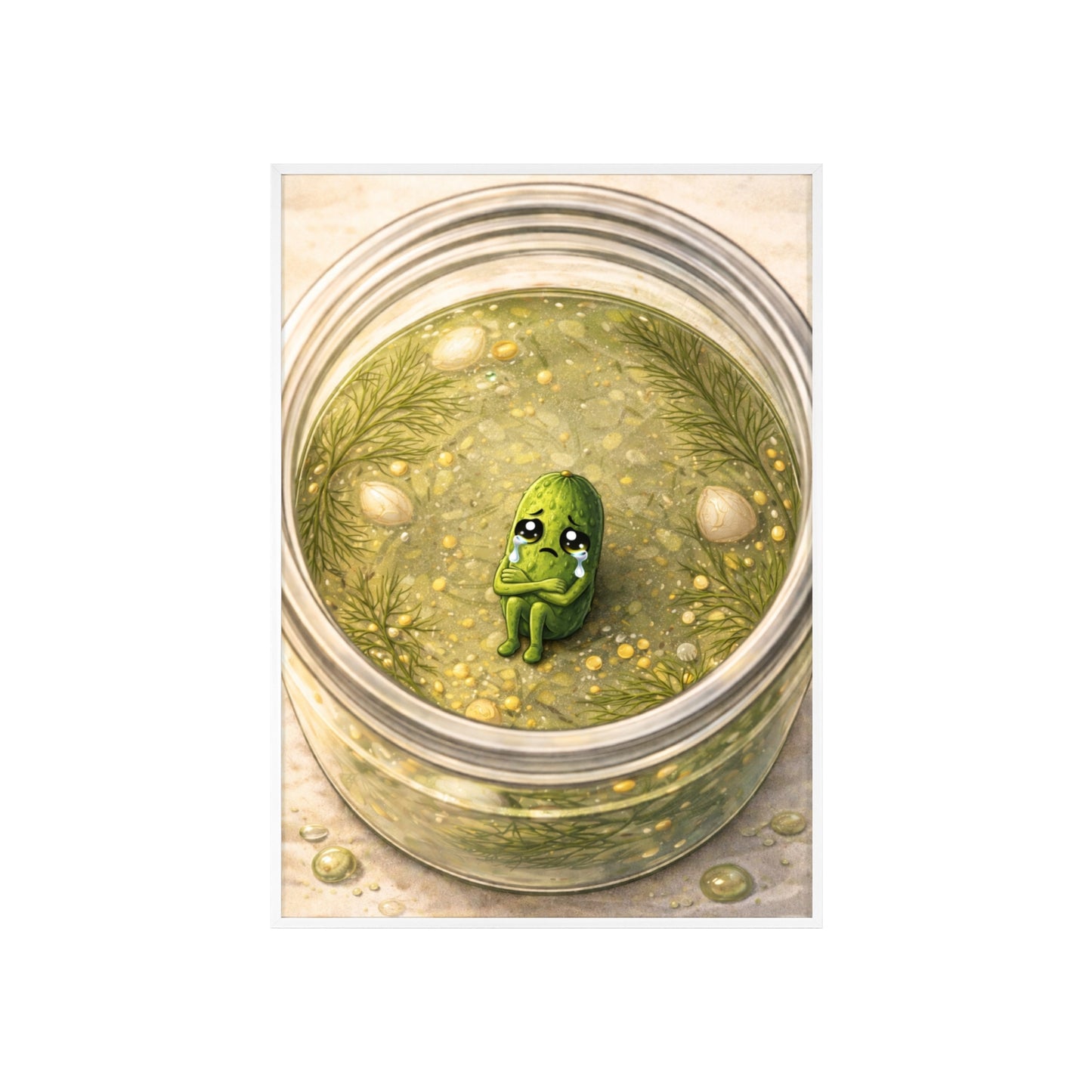 Whimsical Pickle in Jar Art Print — Framed Poster for Kitchens & Gift-Giving