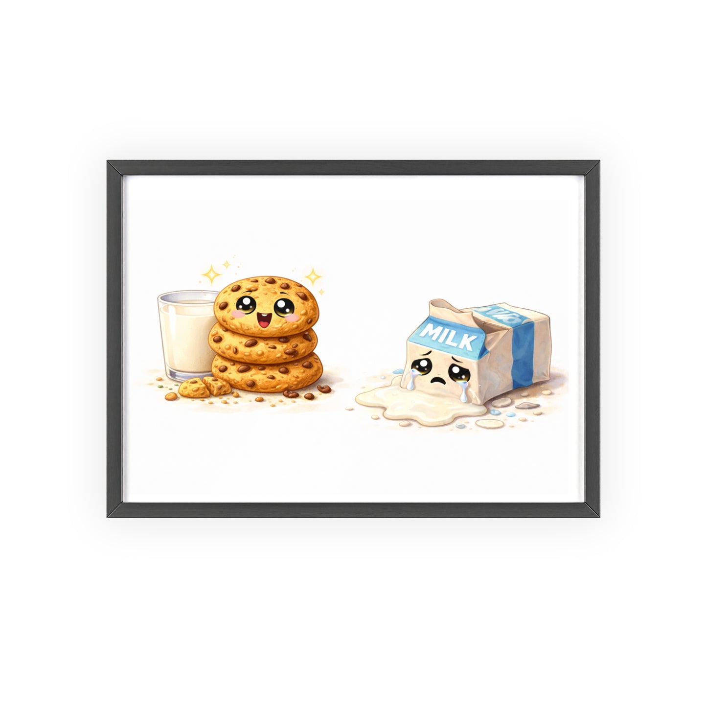Cute Kawaii Cookies & Milk Poster with Frame — Whimsical Kitchen Wall Art