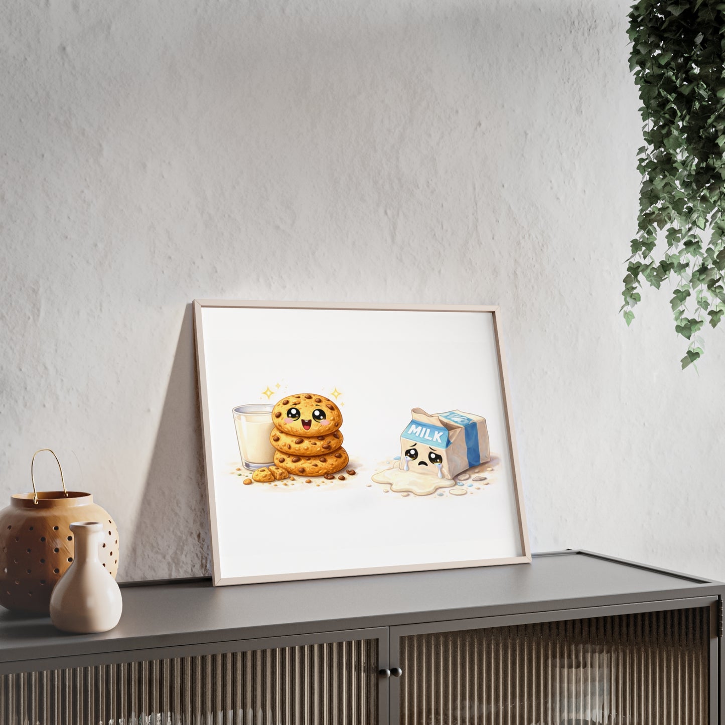 Cute Kawaii Cookies & Milk Poster with Frame — Whimsical Kitchen Wall Art