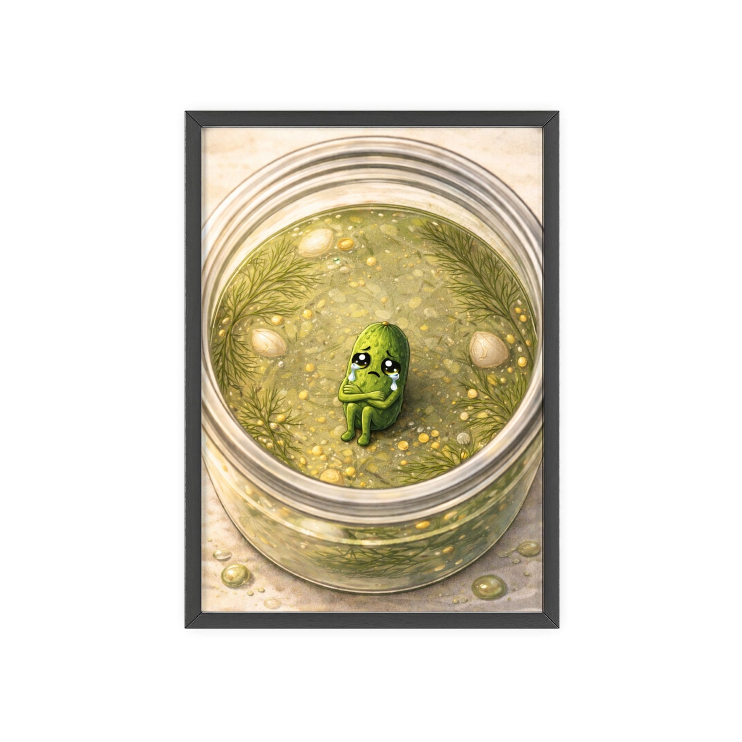 Whimsical Pickle in Jar Art Print — Framed Poster for Kitchens & Gift-Giving