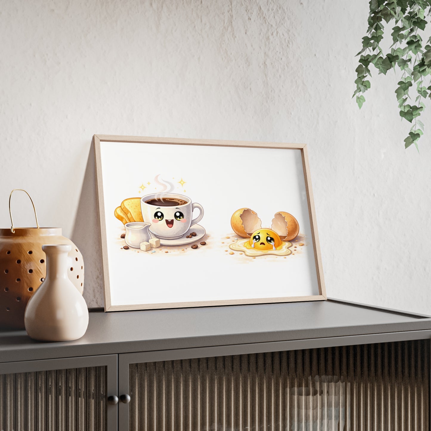 Cute Coffee & Sad Egg Framed Poster — Kitchen Wall Art