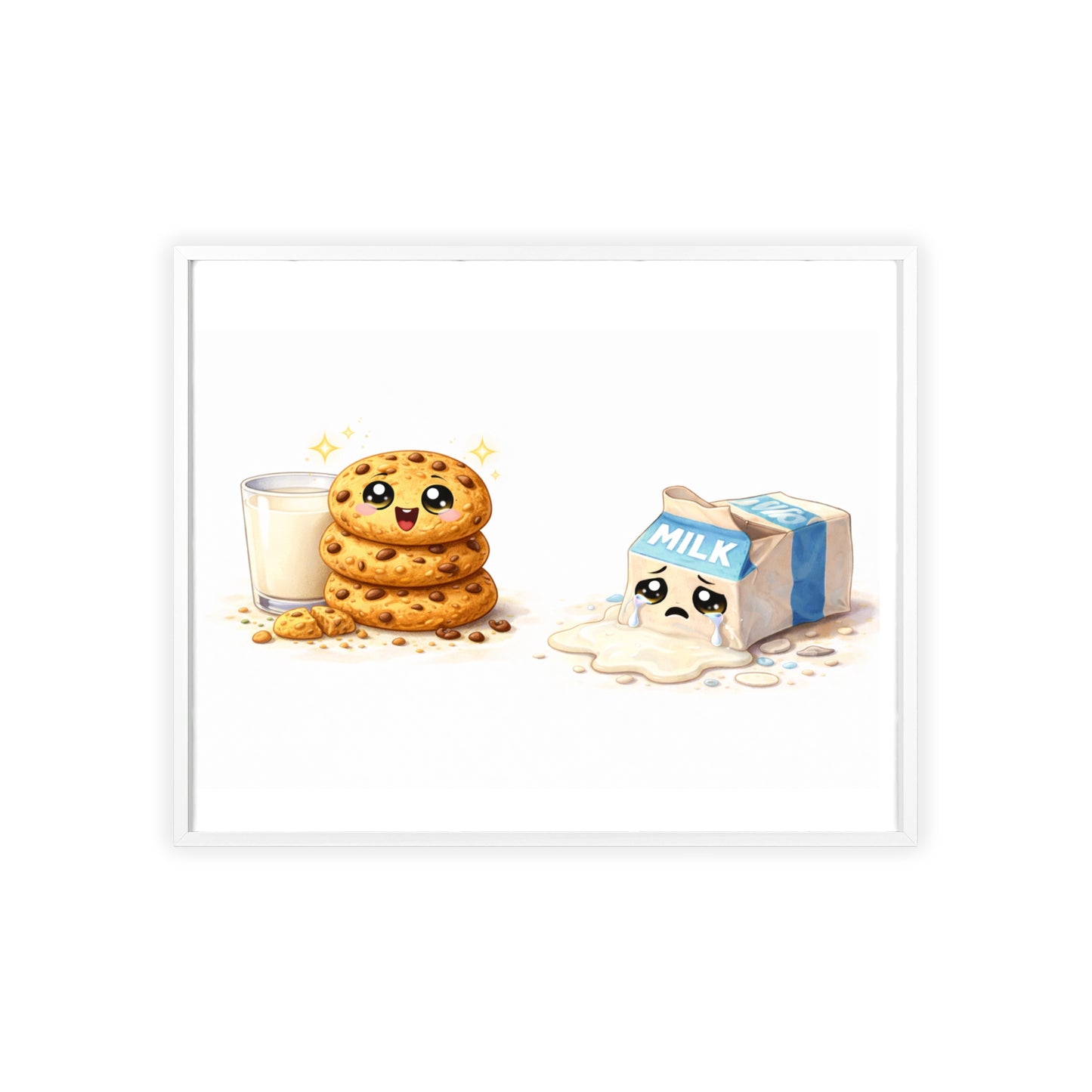 Cute Kawaii Cookies & Milk Poster with Frame — Whimsical Kitchen Wall Art