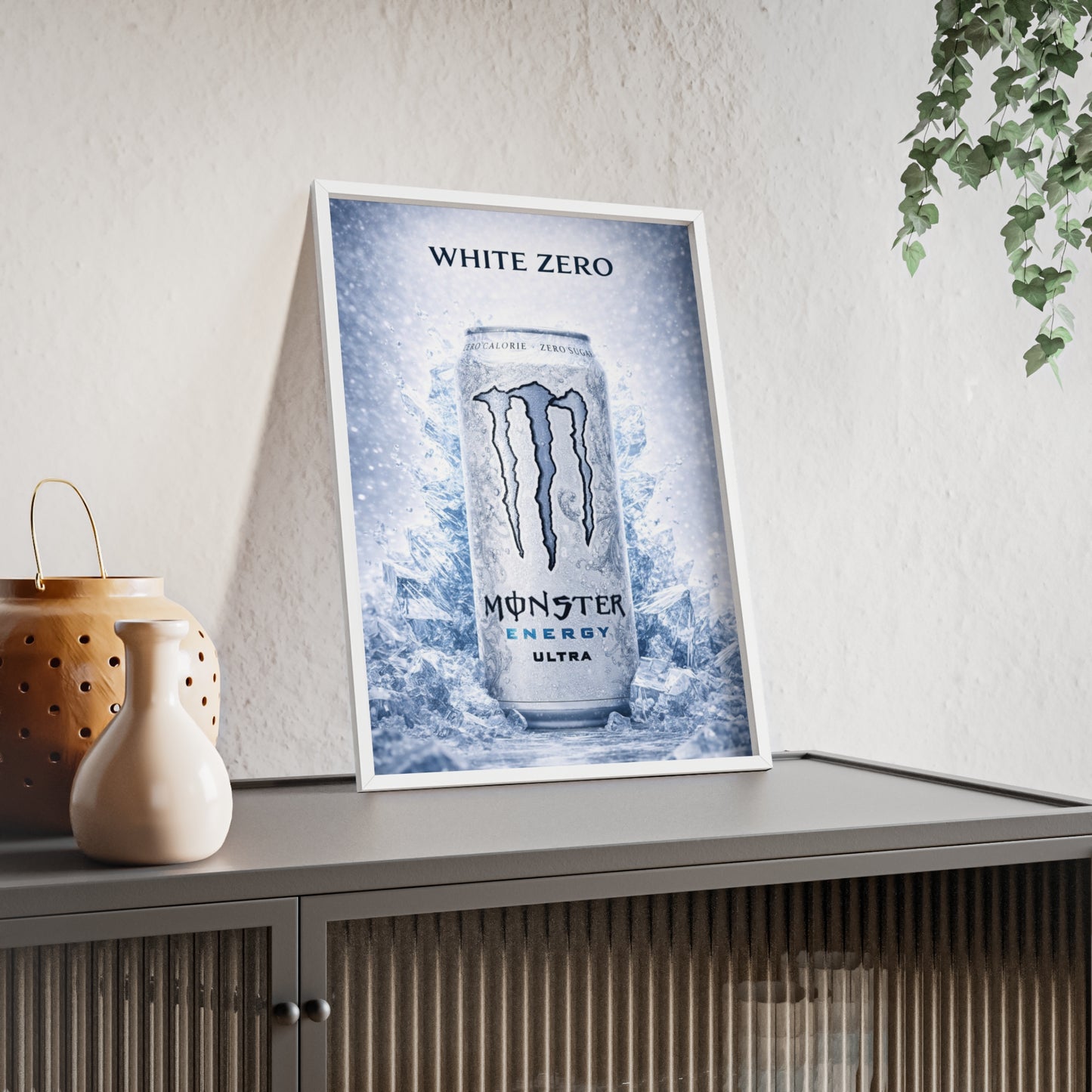 MONSTER White Energy Drink Poster Framed —  Wall Art