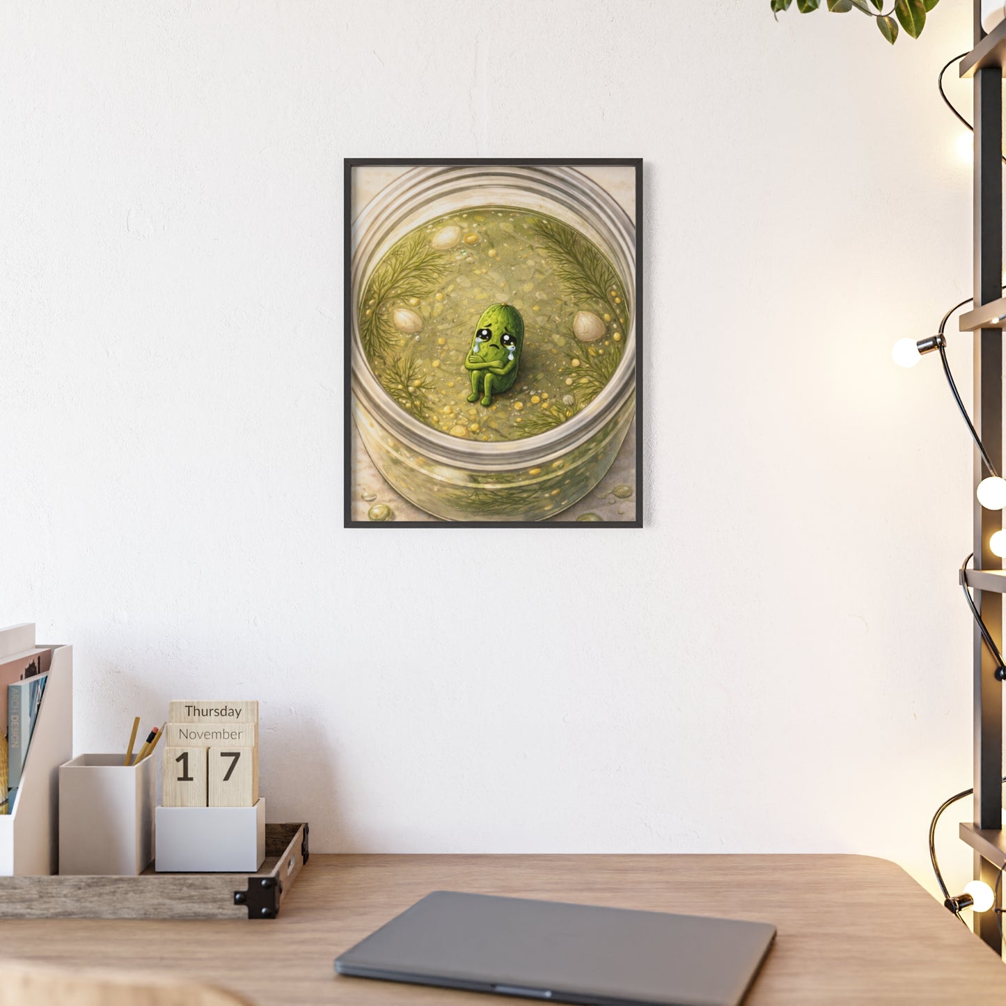 Whimsical Pickle in Jar Art Print — Framed Poster for Kitchens & Gift-Giving