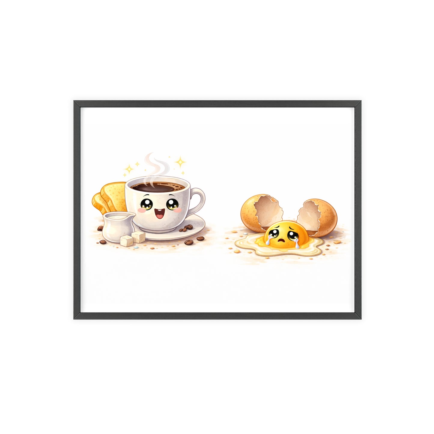 Cute Coffee & Sad Egg Framed Poster — Kitchen Wall Art