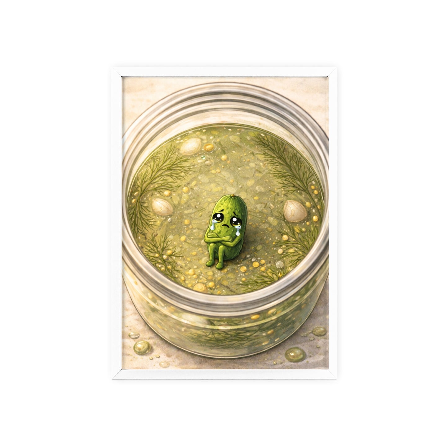 Whimsical Pickle in Jar Art Print — Framed Poster for Kitchens & Gift-Giving