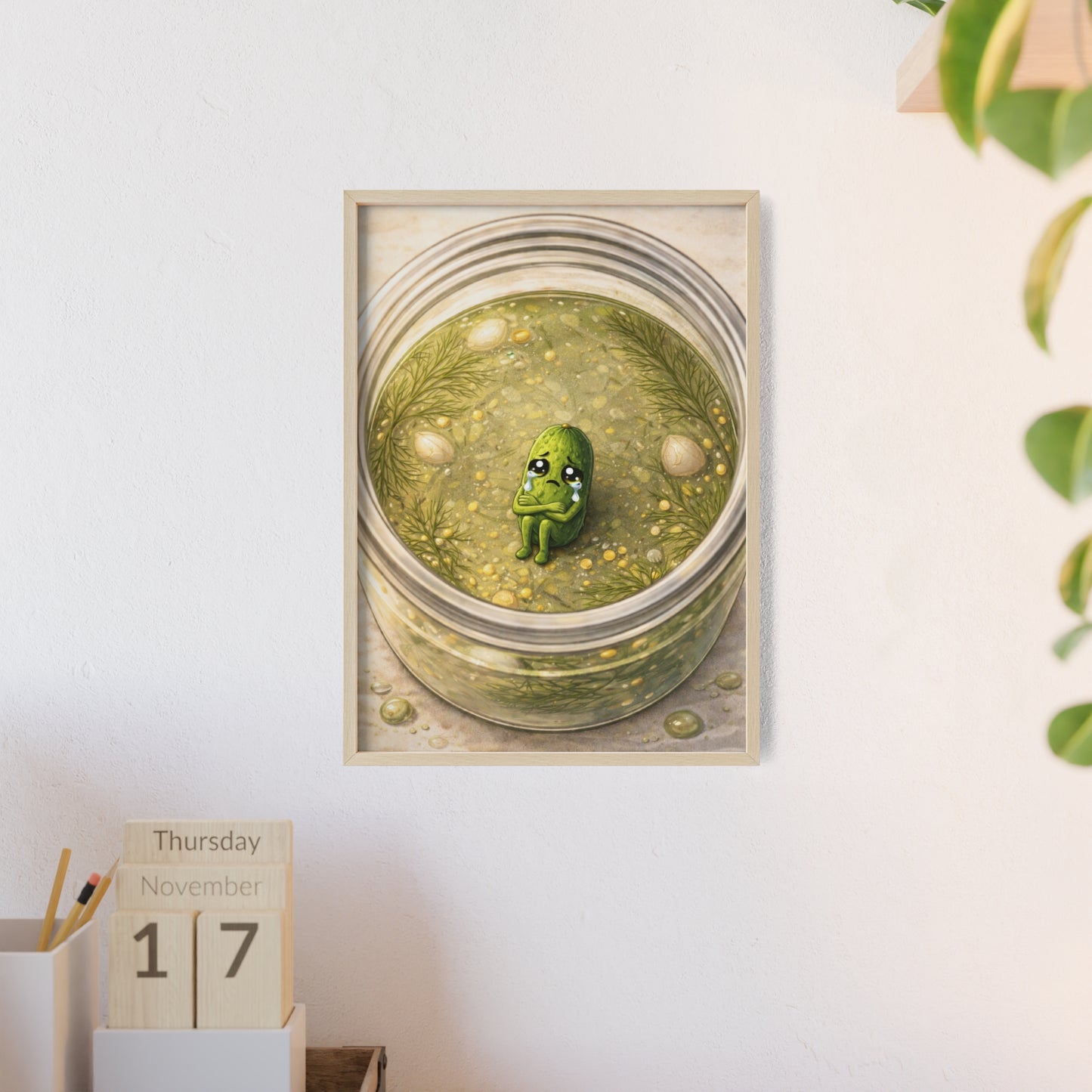 Whimsical Pickle in Jar Art Print — Framed Poster for Kitchens & Gift-Giving