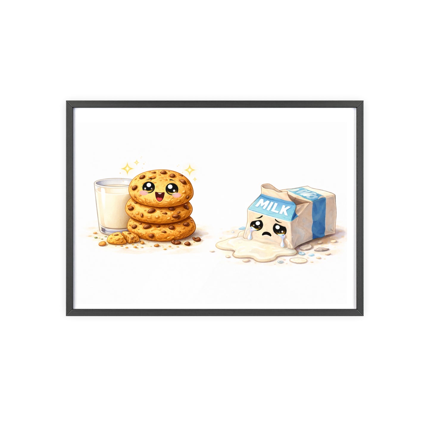 Cute Kawaii Cookies & Milk Poster with Frame — Whimsical Kitchen Wall Art