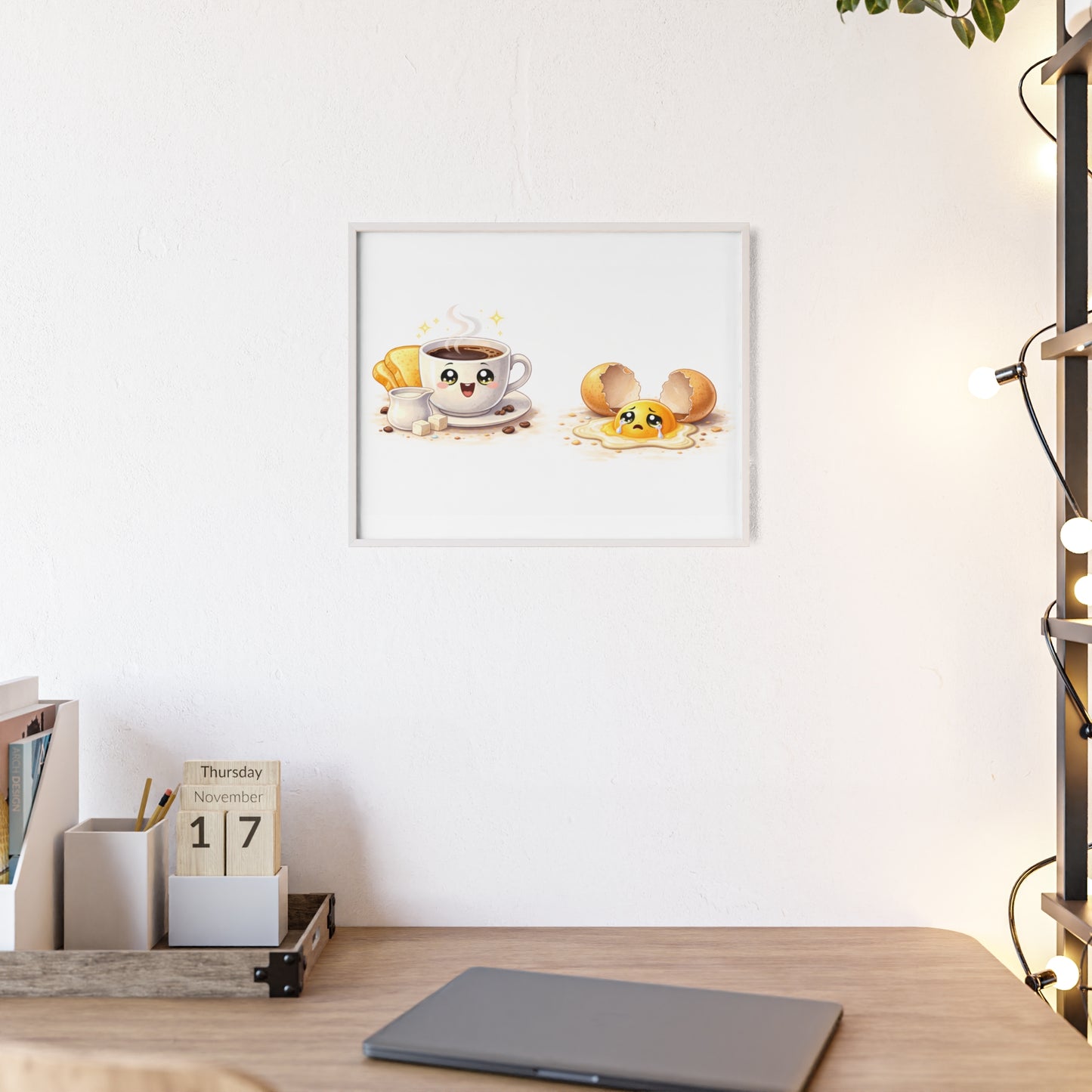 Cute Coffee & Sad Egg Framed Poster — Kitchen Wall Art