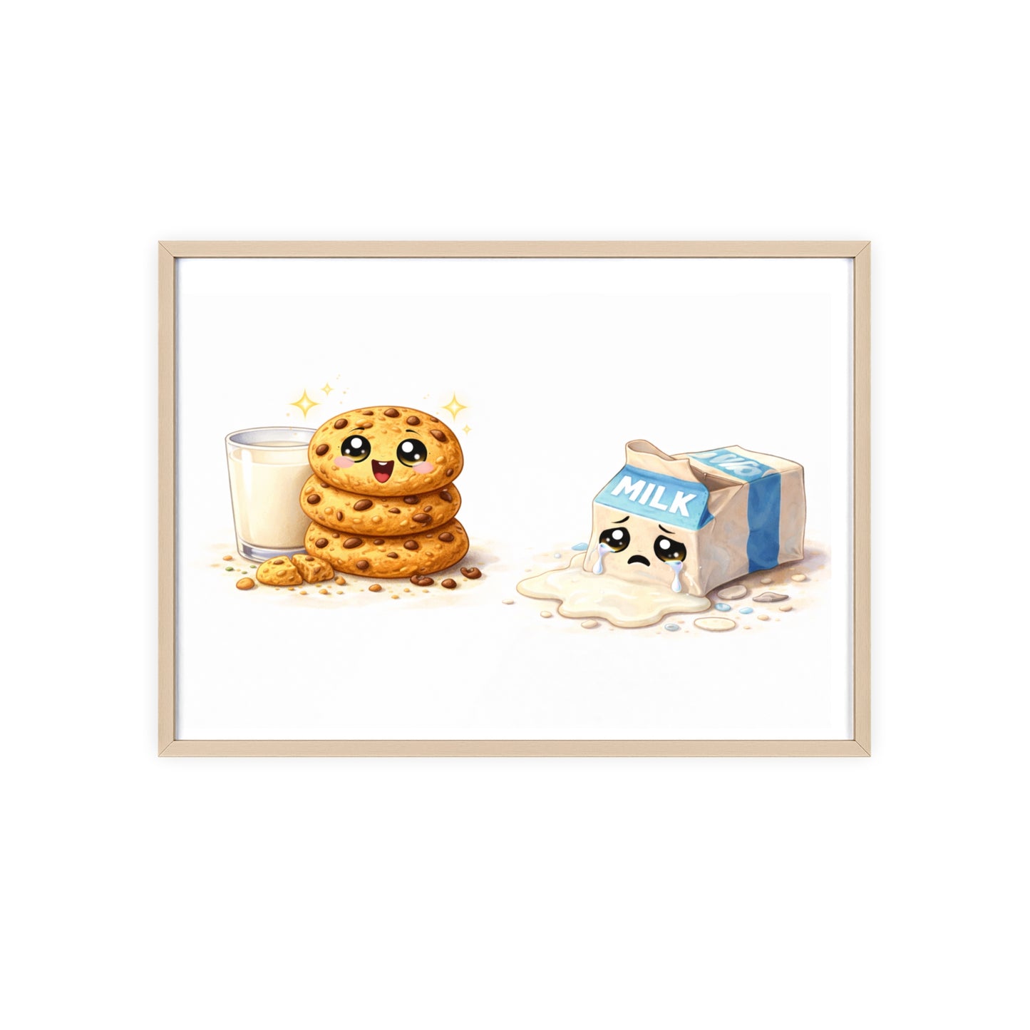 Cute Kawaii Cookies & Milk Poster with Frame — Whimsical Kitchen Wall Art