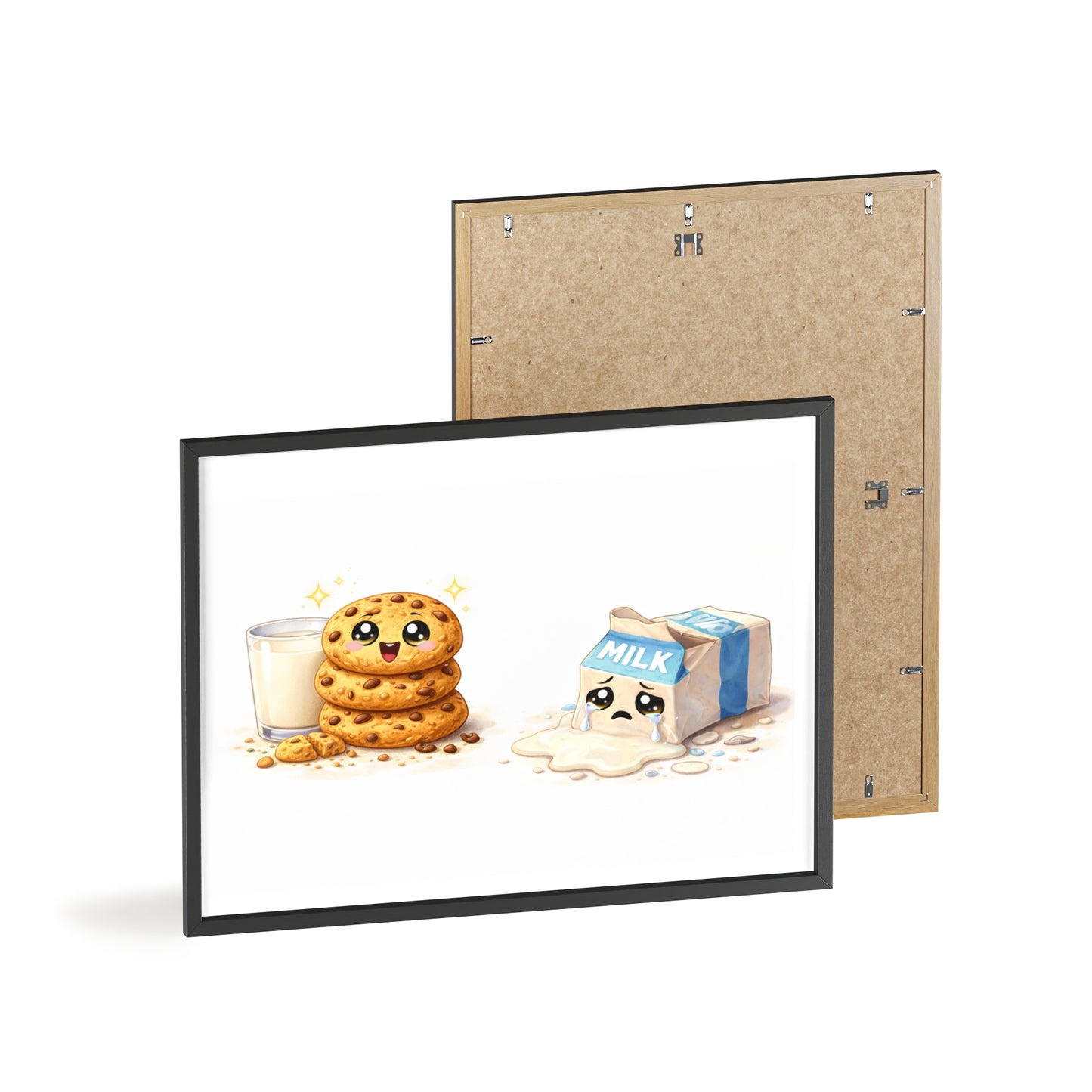 Cute Kawaii Cookies & Milk Poster with Frame — Whimsical Kitchen Wall Art