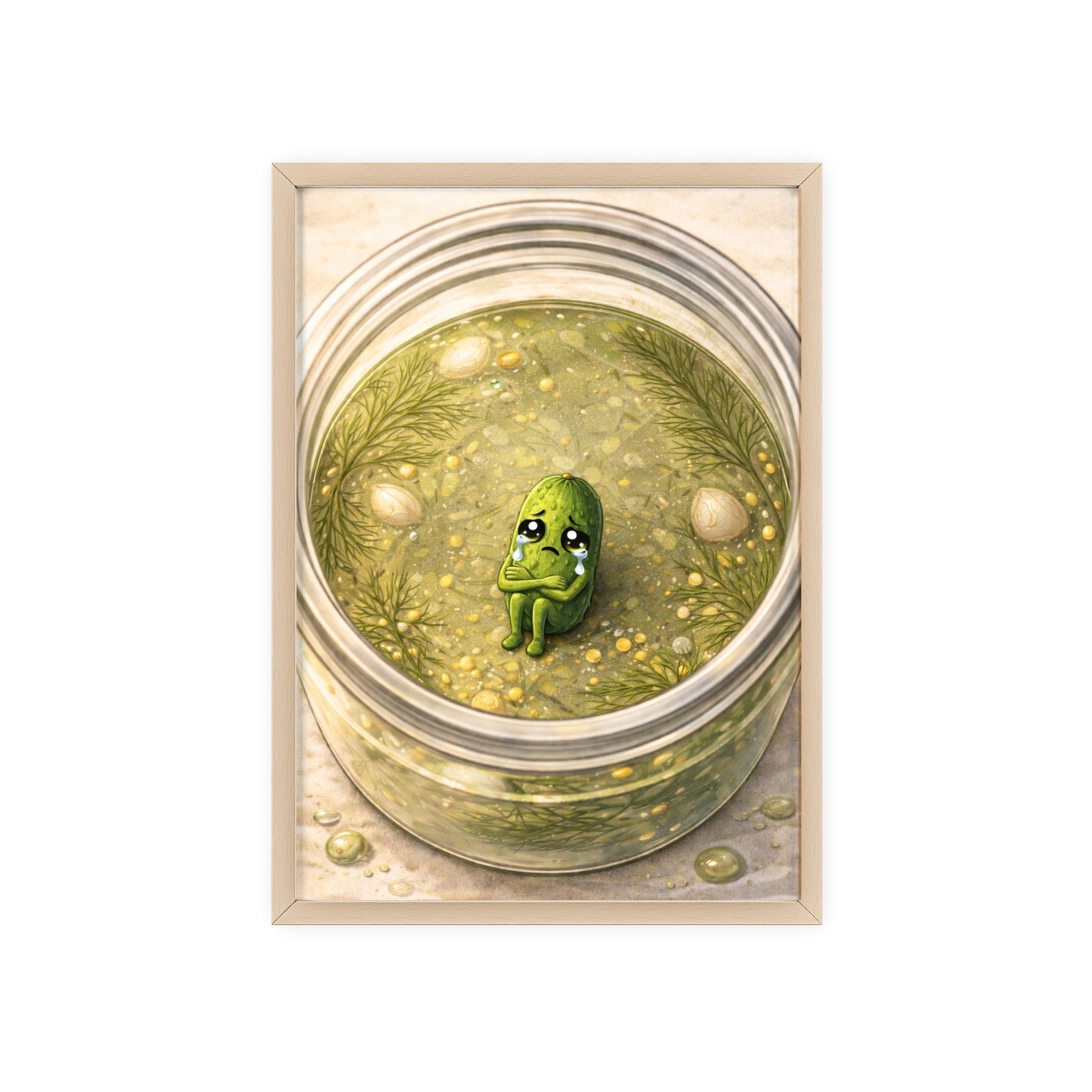 Whimsical Pickle in Jar Art Print — Framed Poster for Kitchens & Gift-Giving