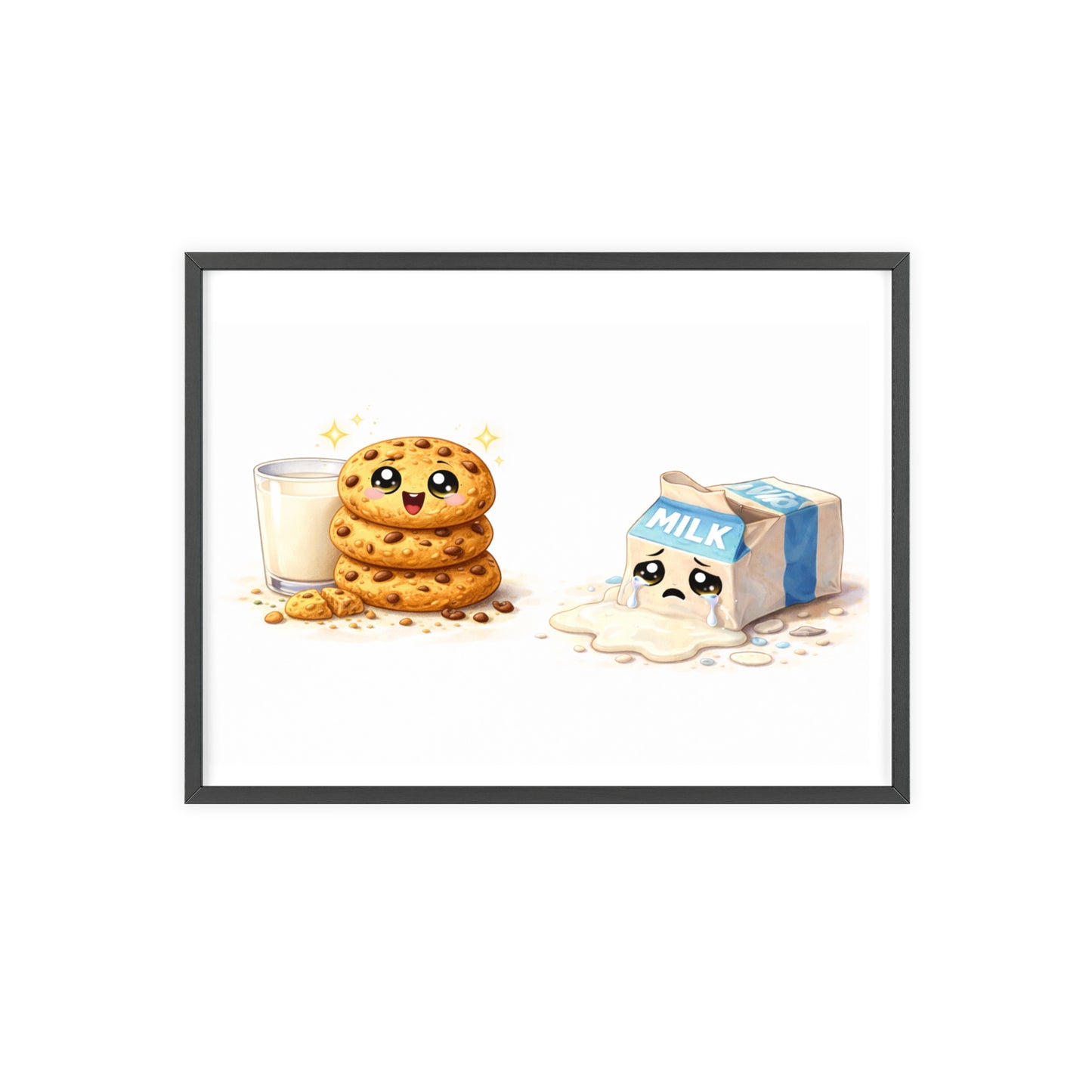 Cute Kawaii Cookies & Milk Poster with Frame — Whimsical Kitchen Wall Art