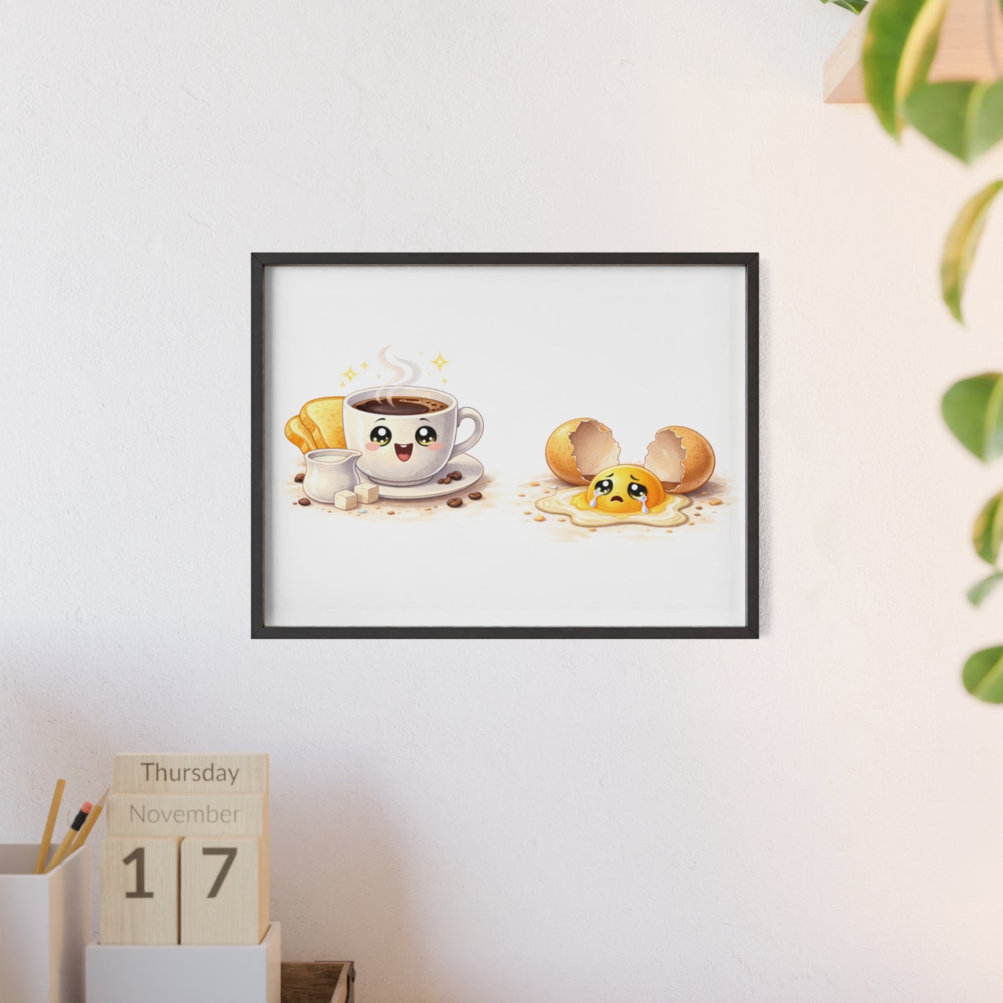 Cute Coffee & Sad Egg Framed Poster — Kitchen Wall Art