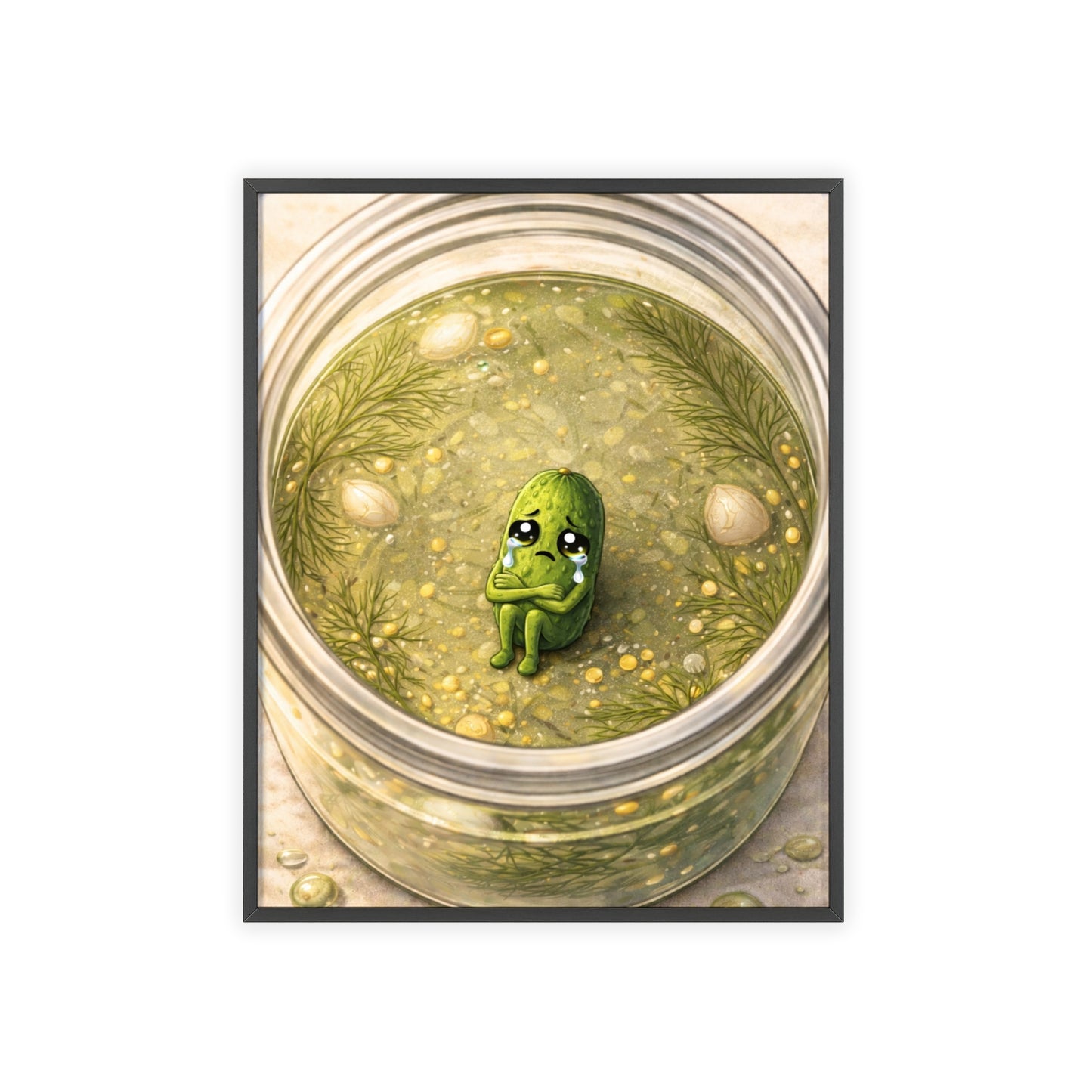 Whimsical Pickle in Jar Art Print — Framed Poster for Kitchens & Gift-Giving