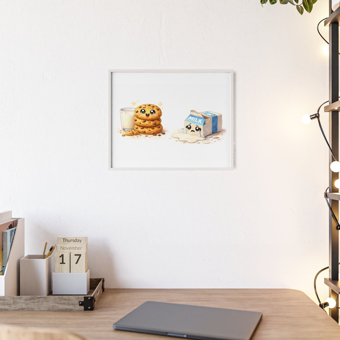 Cute Kawaii Cookies & Milk Poster with Frame — Whimsical Kitchen Wall Art