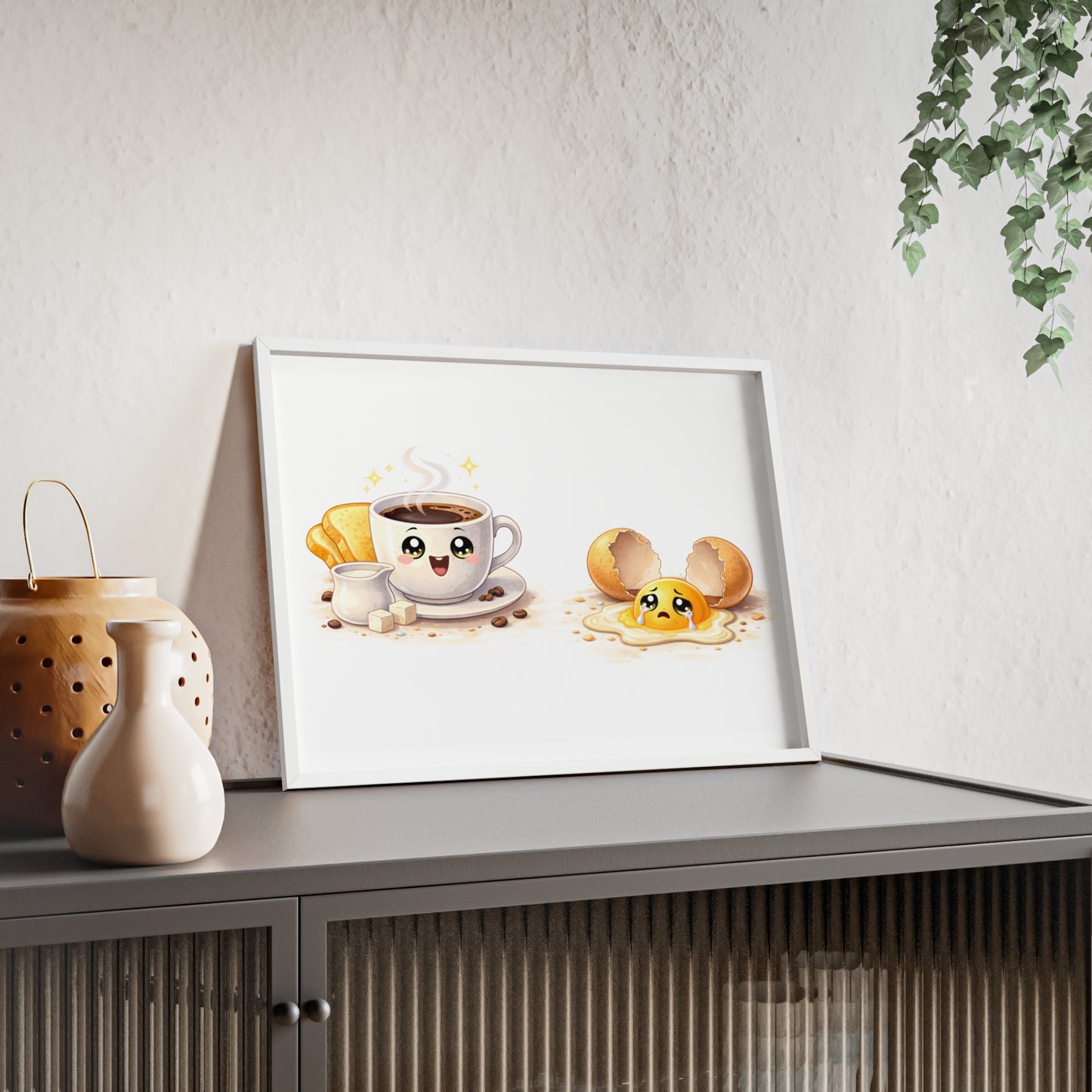 Cute Coffee & Sad Egg Framed Poster — Kitchen Wall Art