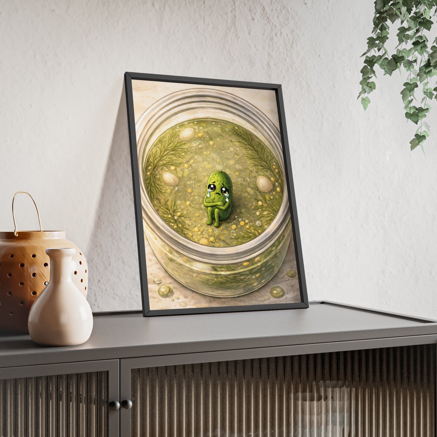 Whimsical Pickle in Jar Art Print — Framed Poster for Kitchens & Gift-Giving
