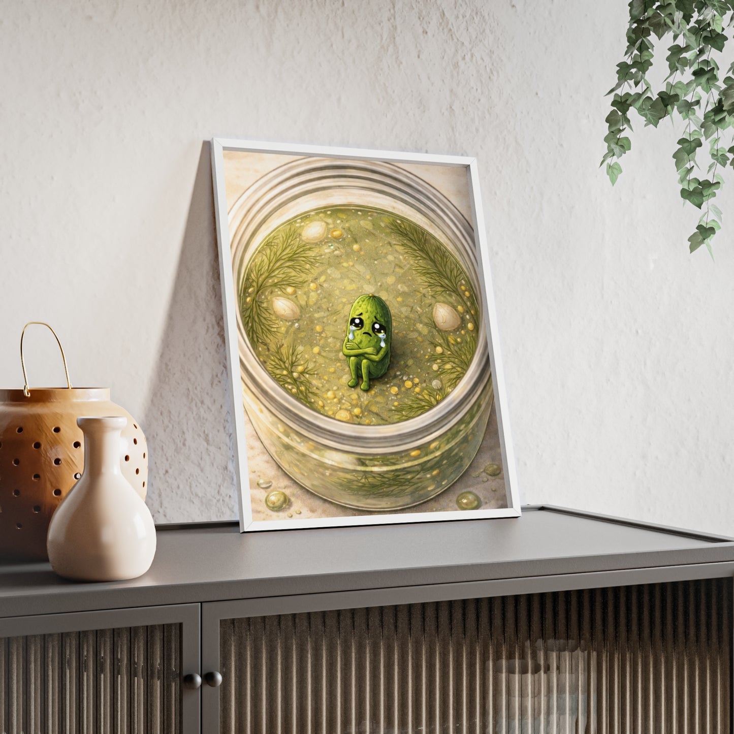 Whimsical Pickle in Jar Art Print — Framed Poster for Kitchens & Gift-Giving