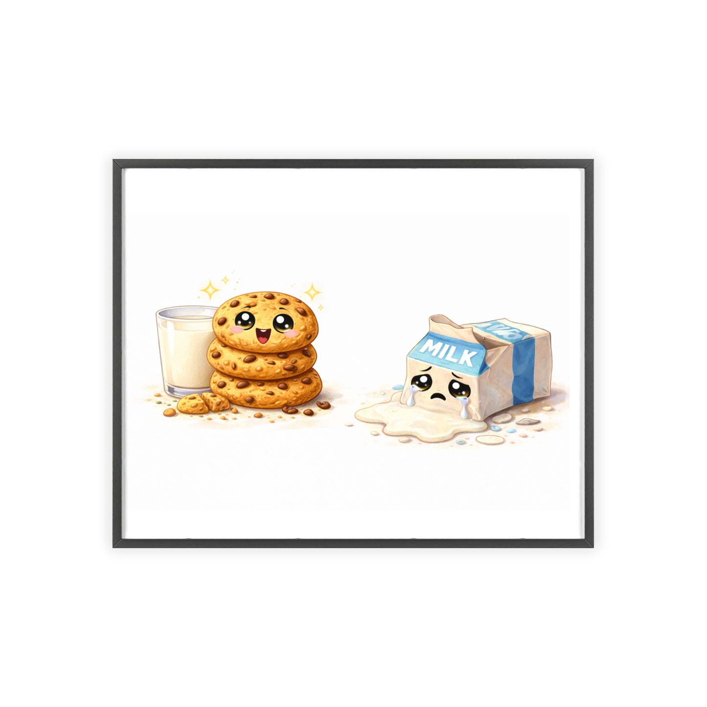 Cute Kawaii Cookies & Milk Poster with Frame — Whimsical Kitchen Wall Art