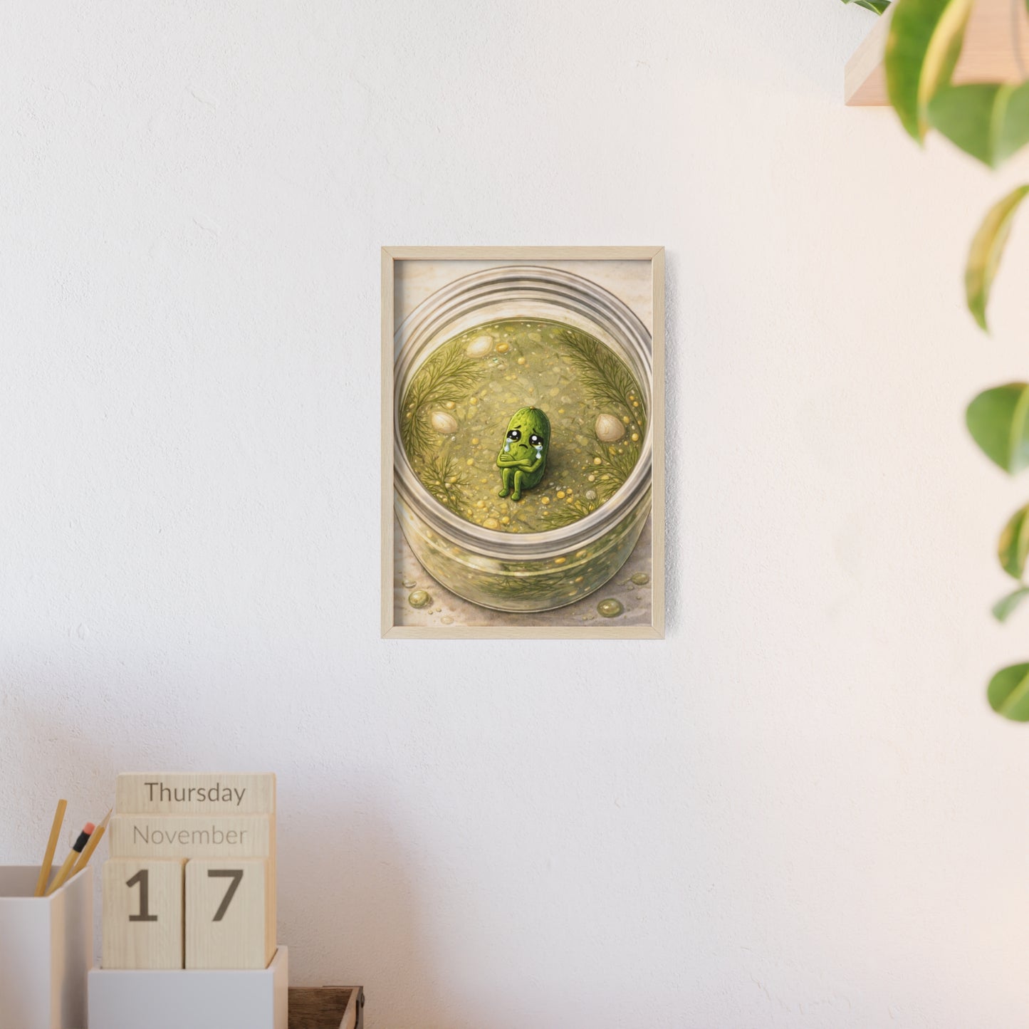 Whimsical Pickle in Jar Art Print — Framed Poster for Kitchens & Gift-Giving