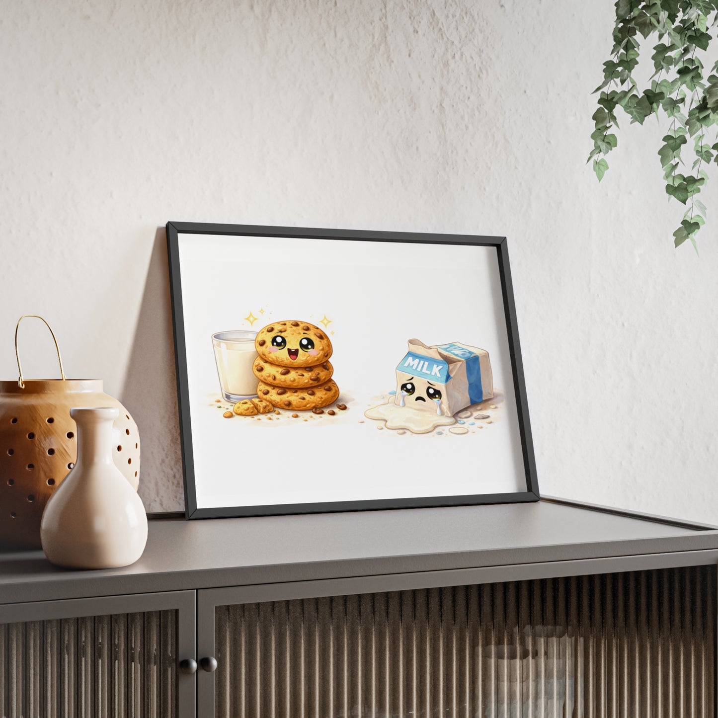 Cute Kawaii Cookies & Milk Poster with Frame — Whimsical Kitchen Wall Art