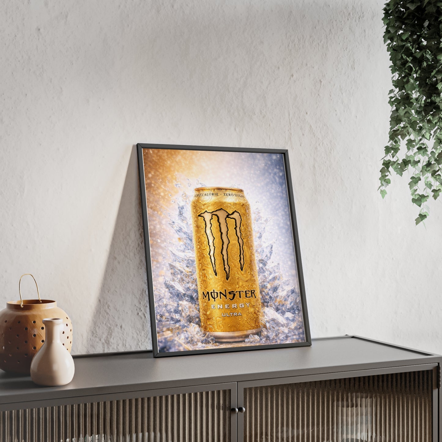 MONSTER Gold Energy Drink Poster Framed — Wall Art