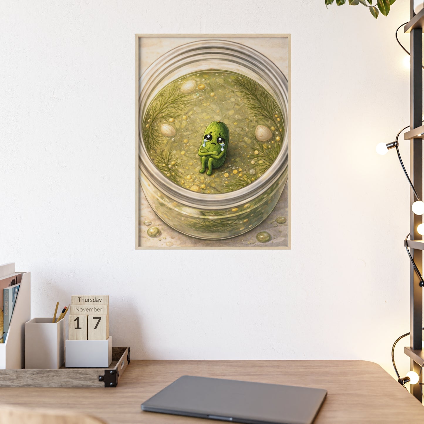 Whimsical Pickle in Jar Art Print — Framed Poster for Kitchens & Gift-Giving