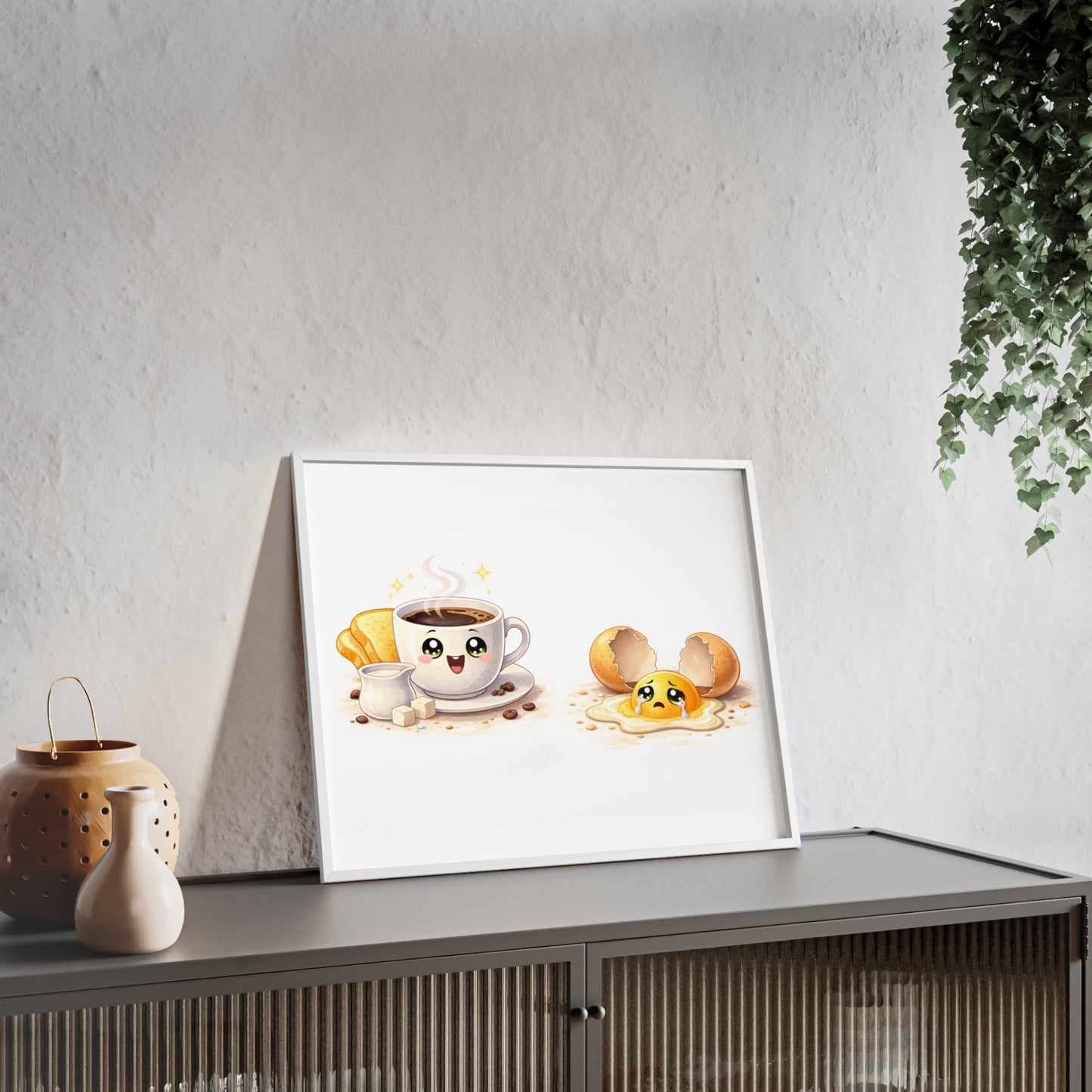 Cute Coffee & Sad Egg Framed Poster — Kitchen Wall Art
