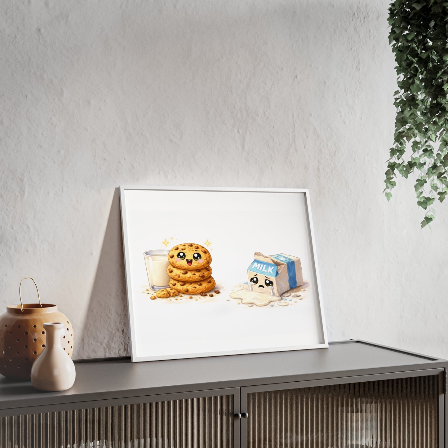 Cute Kawaii Cookies & Milk Poster with Frame — Whimsical Kitchen Wall Art